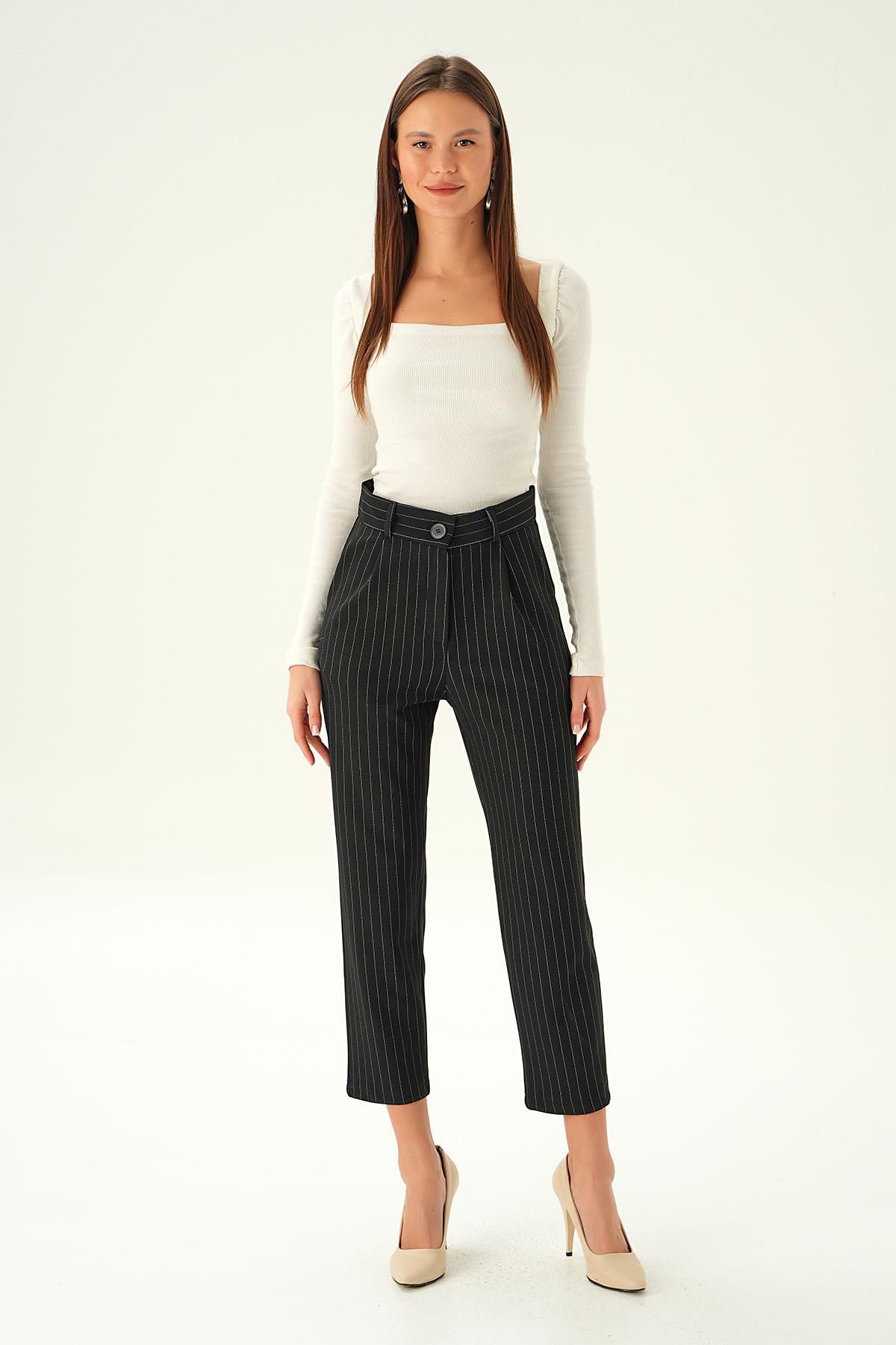 Siyah Çizgili Cepli Pantolon 6906A - 6