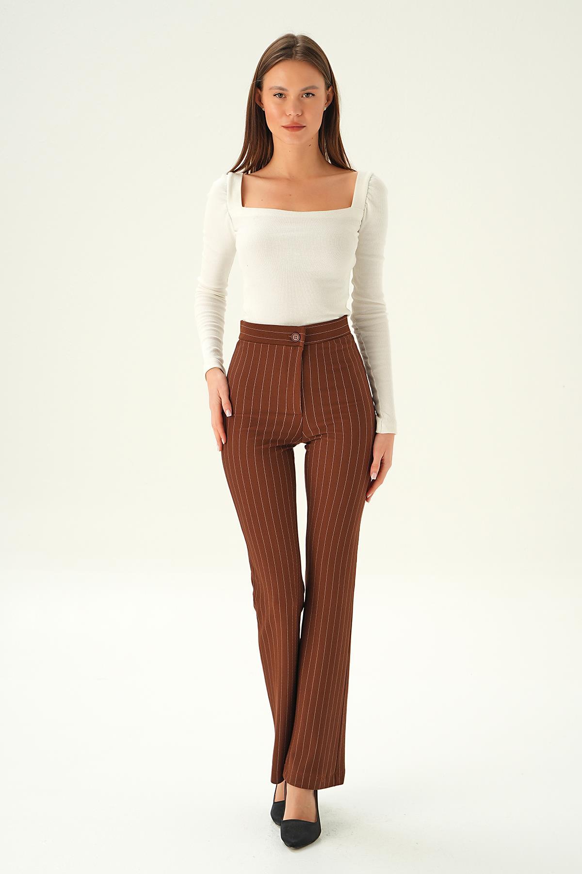 6912A Geniş Paça Çizgili Pantolon Acı Kahve 