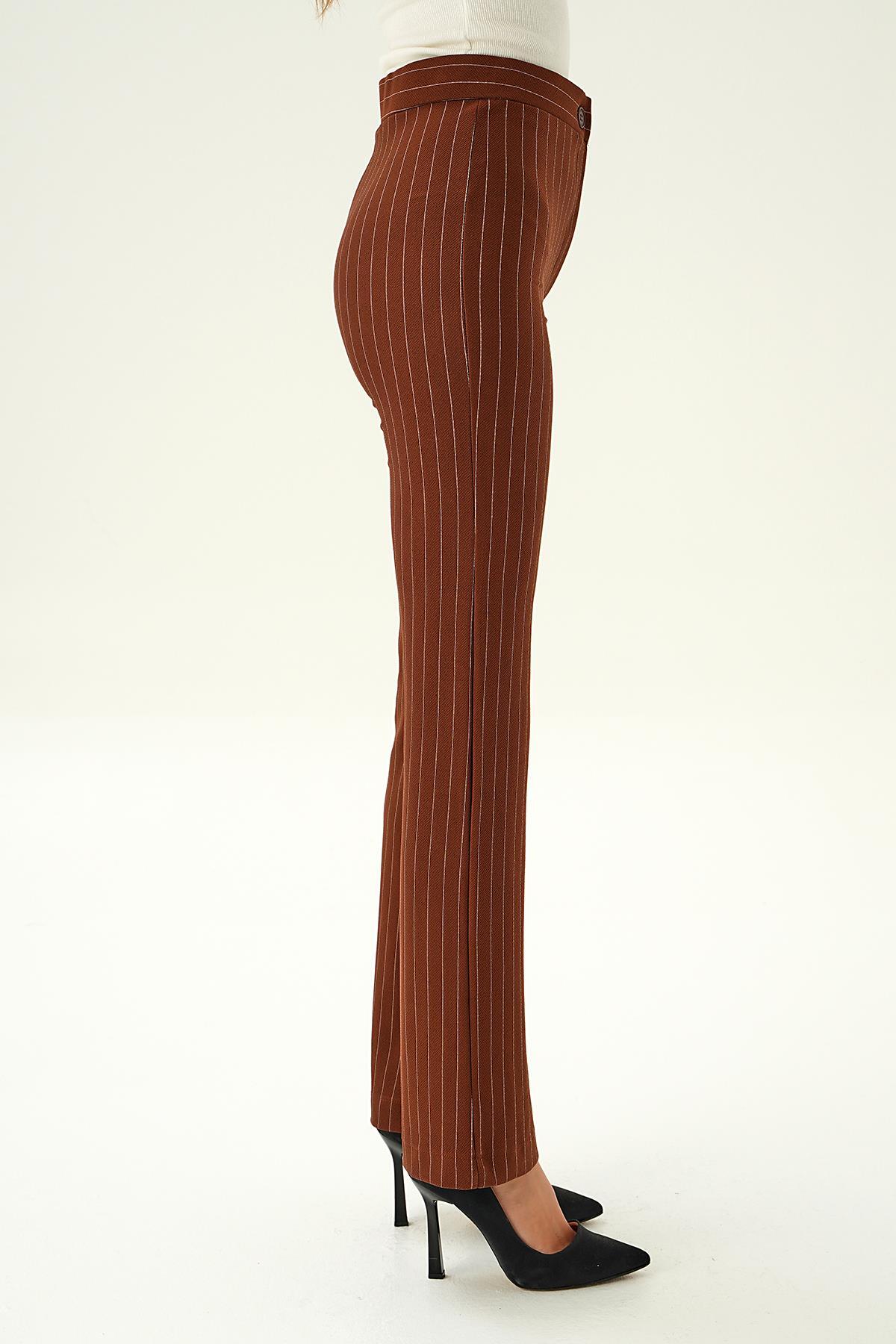 6912A Geniş Paça Çizgili Pantolon Acı Kahve - 3