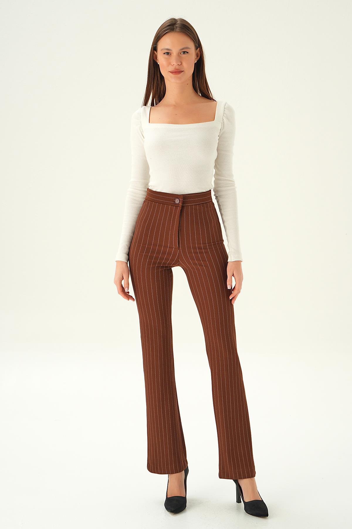 6912A Geniş Paça Çizgili Pantolon Acı Kahve - 6