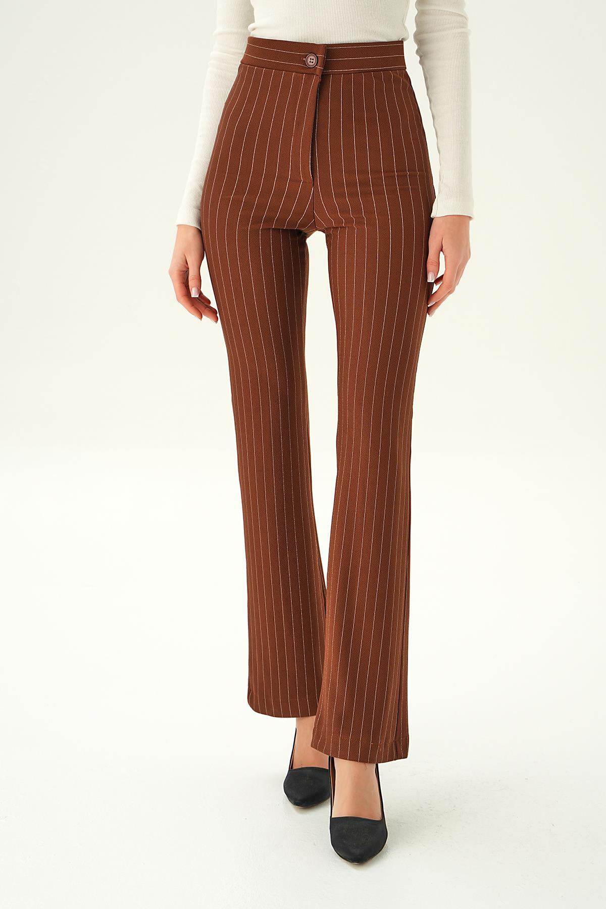 Acı Kahve Geniş Paça Çizgili Pantolon 6912A - 2
