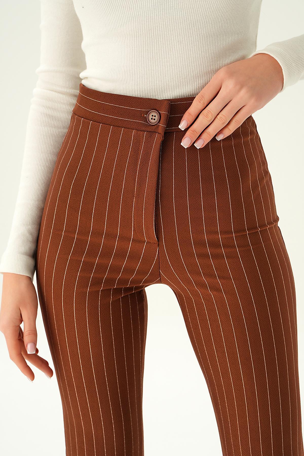 Acı Kahve Geniş Paça Çizgili Pantolon 6912A - 5