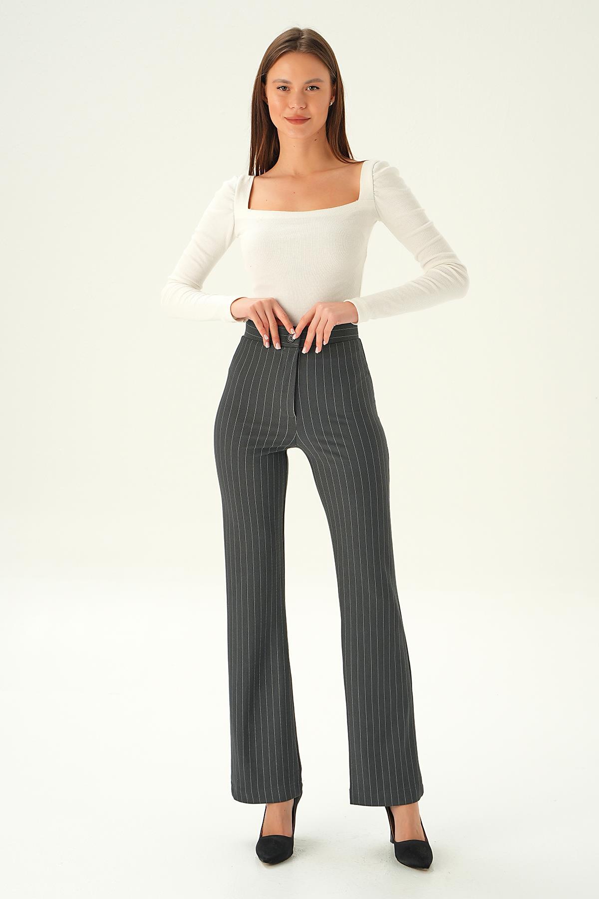 6912A Geniş Paça Çizgili Pantolon Füme 