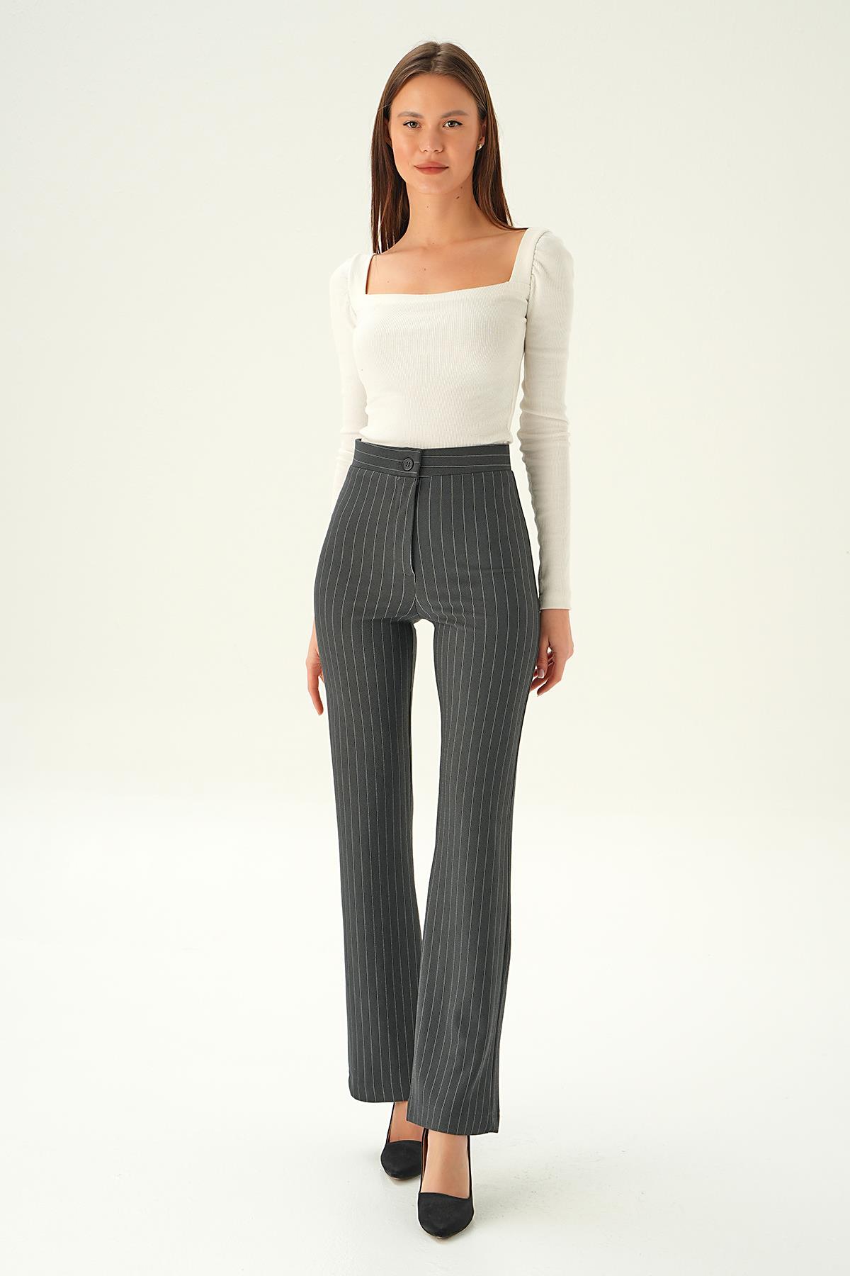 Füme Geniş Paça Çizgili Pantolon 6912A - 2