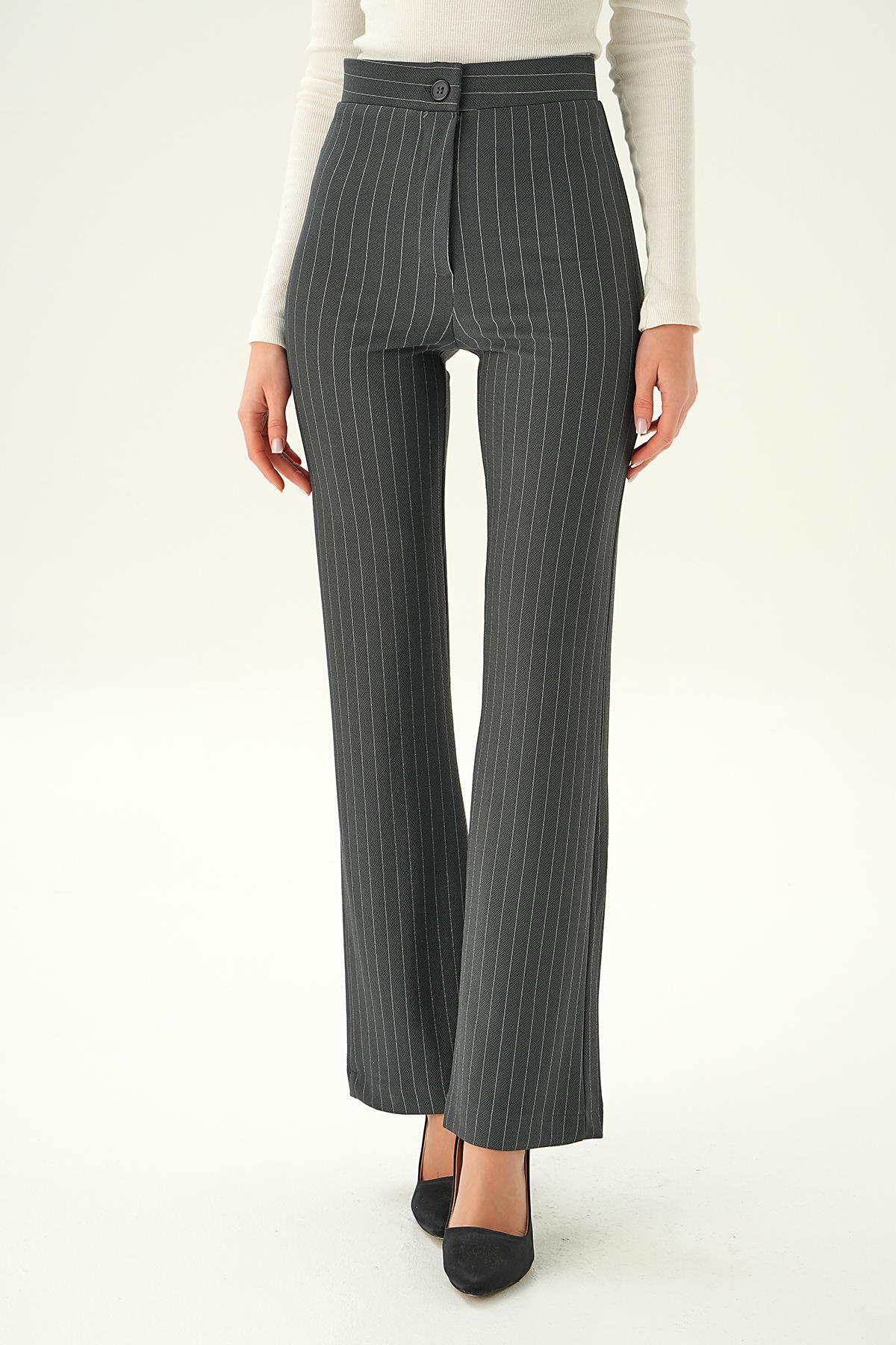 Füme Geniş Paça Çizgili Pantolon 6912A - 3