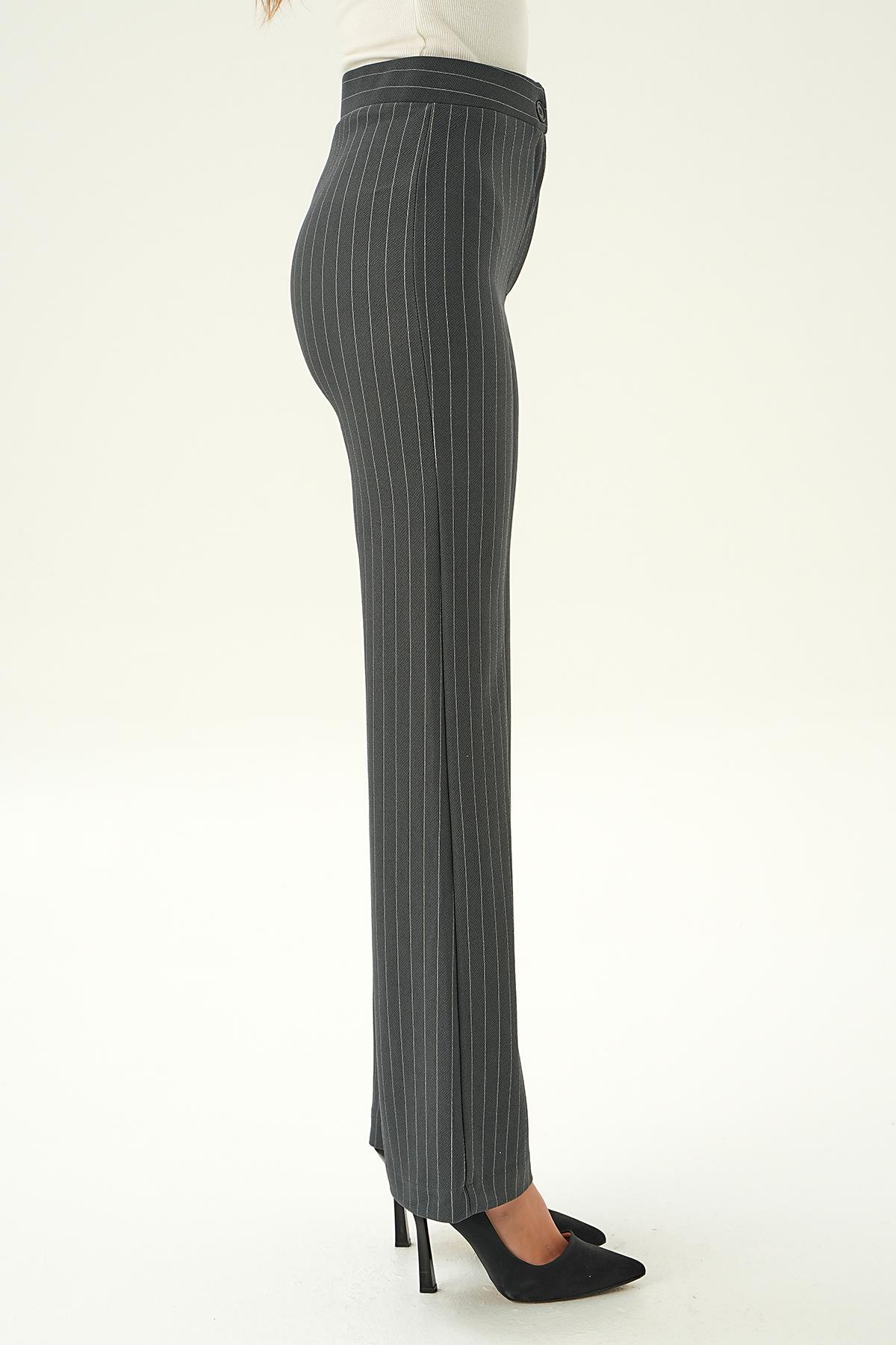 Füme Geniş Paça Çizgili Pantolon 6912A - 4