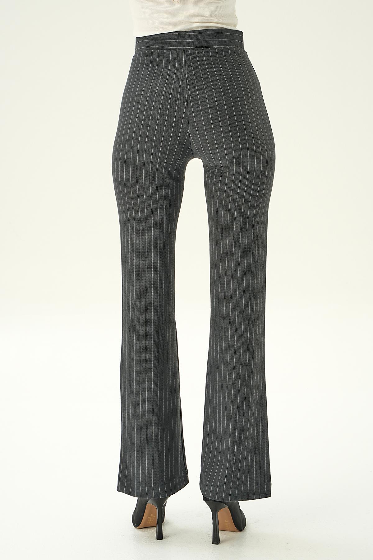 Füme Geniş Paça Çizgili Pantolon 6912A - 5