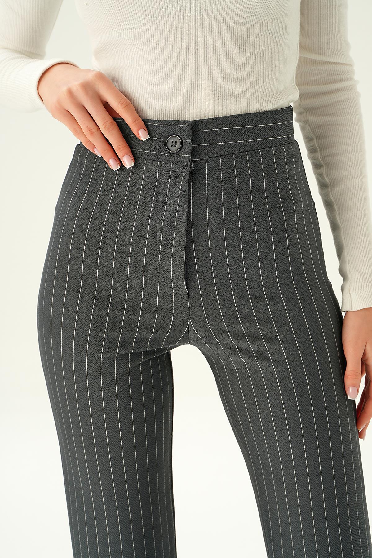 Füme Geniş Paça Çizgili Pantolon 6912A - 6