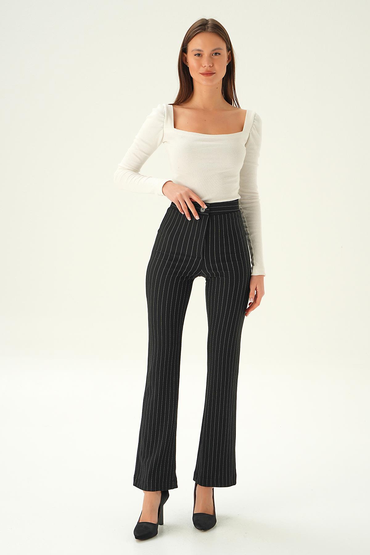 6912A Geniş Paça Çizgili Pantolon Siyah - 2