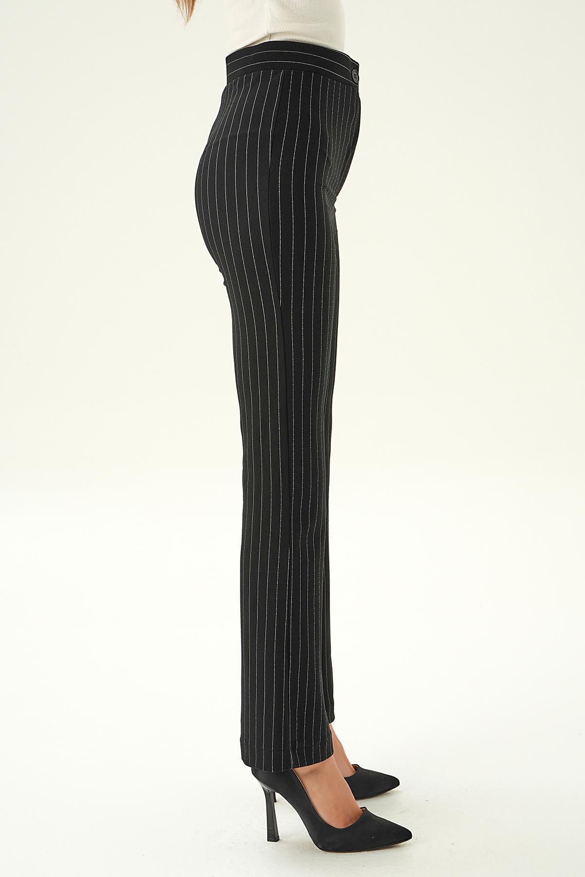 6912A Geniş Paça Çizgili Pantolon Siyah - 4