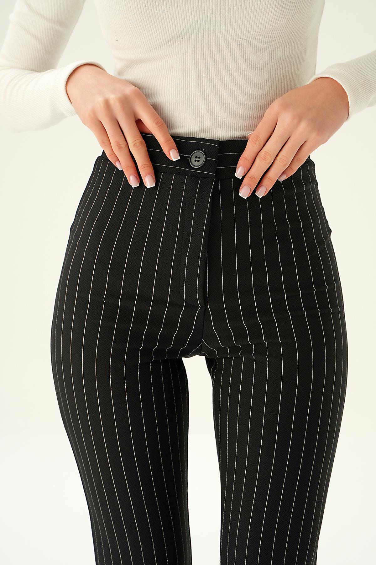6912A Geniş Paça Çizgili Pantolon Siyah - 6