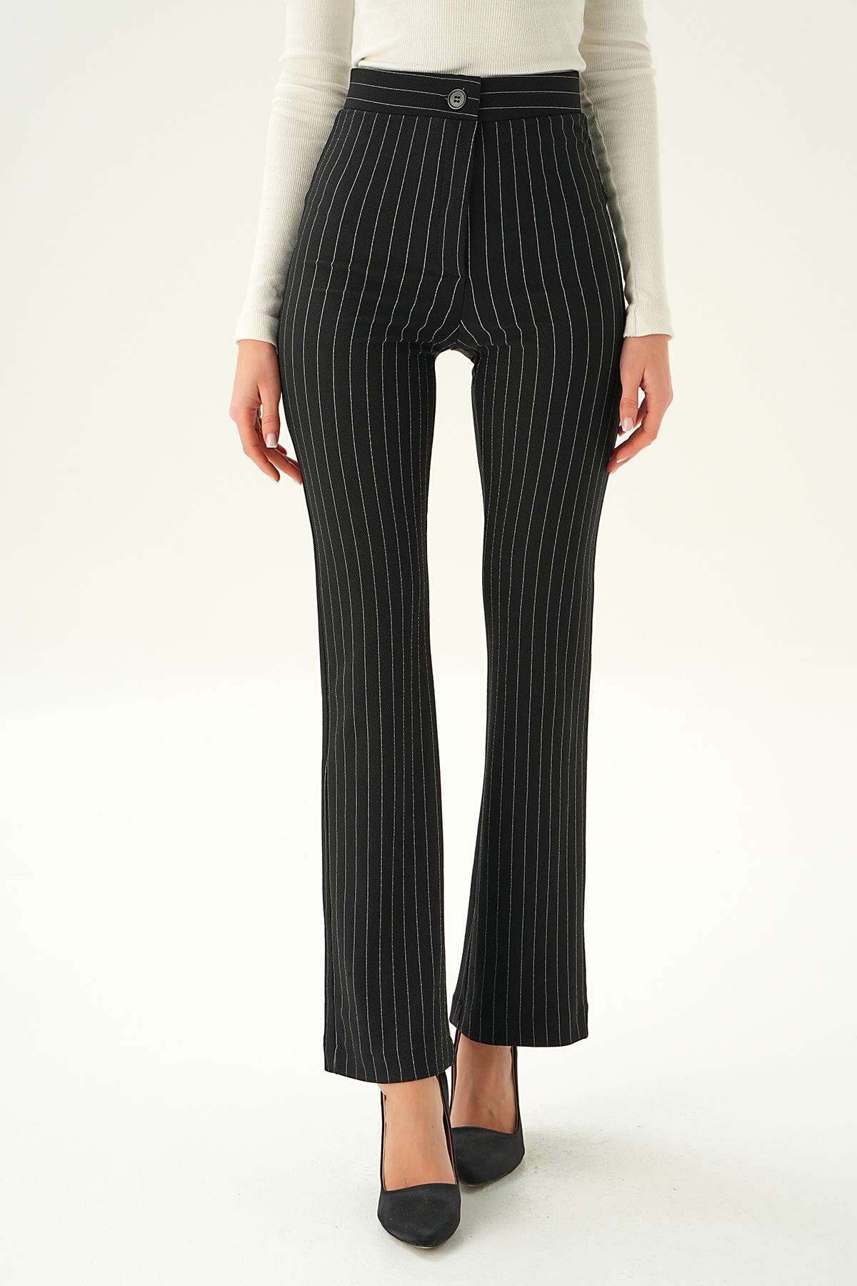 Siyah Geniş Paça Çizgili Pantolon 6912A - 3