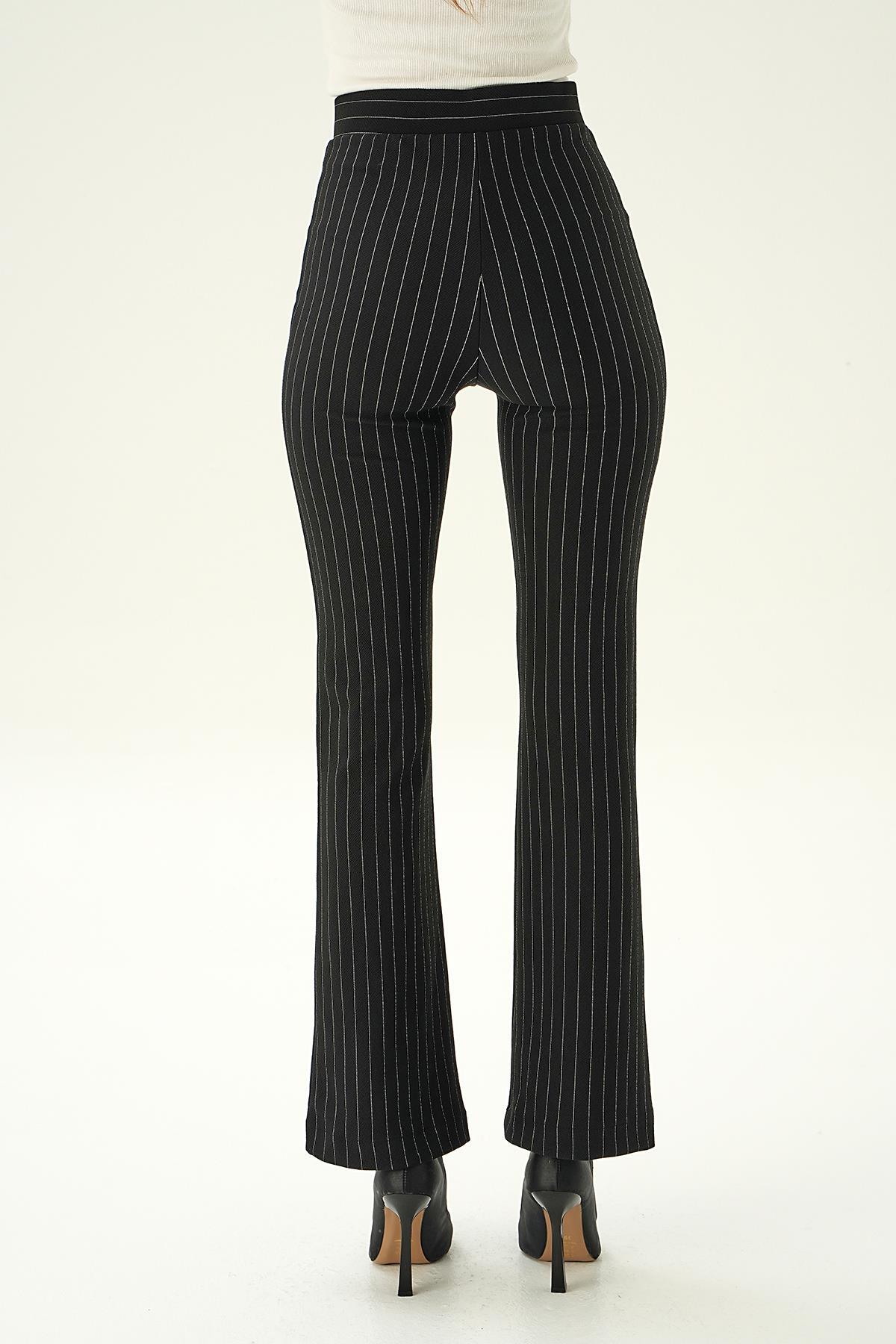 Siyah Geniş Paça Çizgili Pantolon 6912A - 5