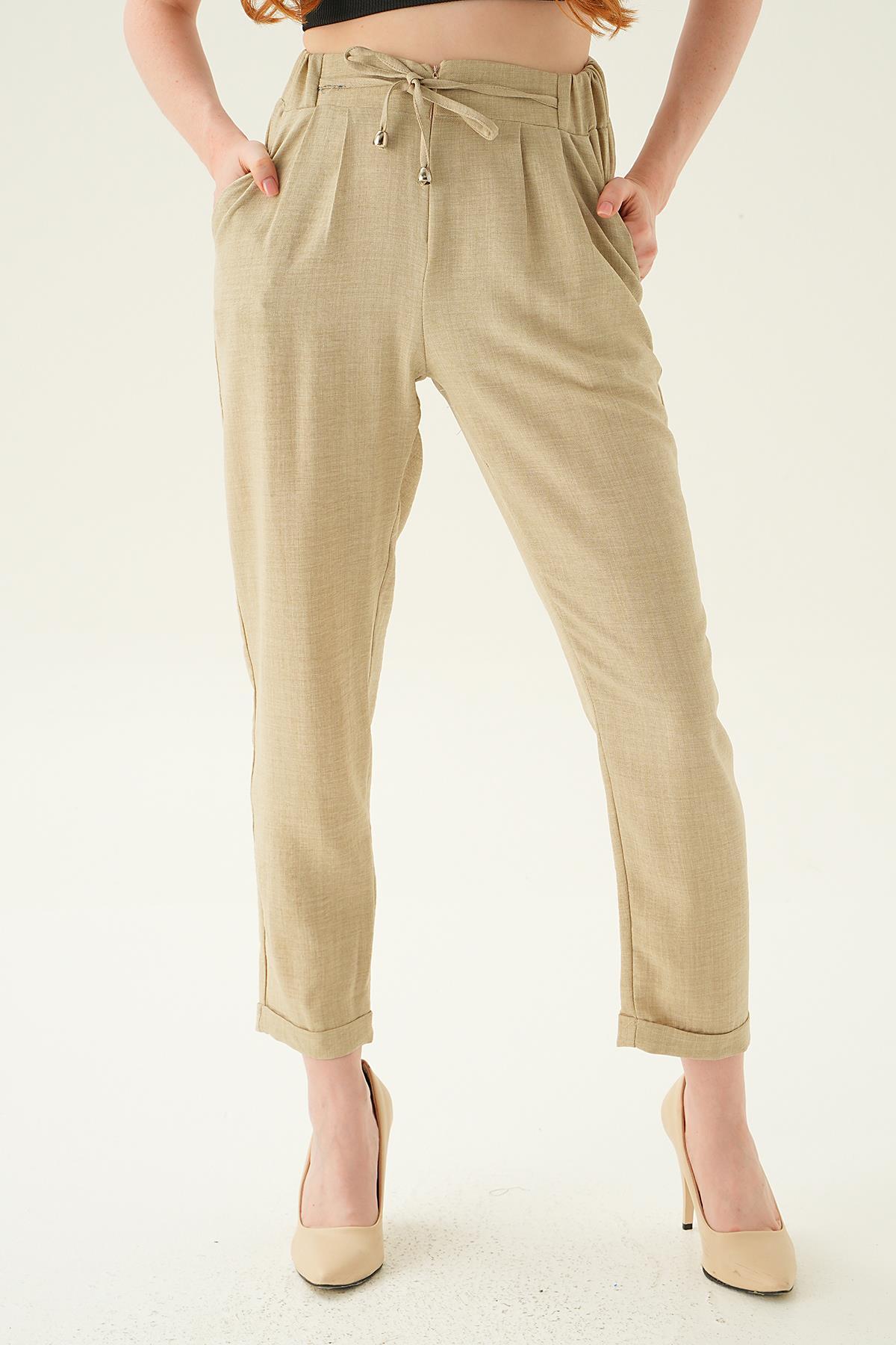 6913A Önü Fermuarlı Pantolon Bej - 2