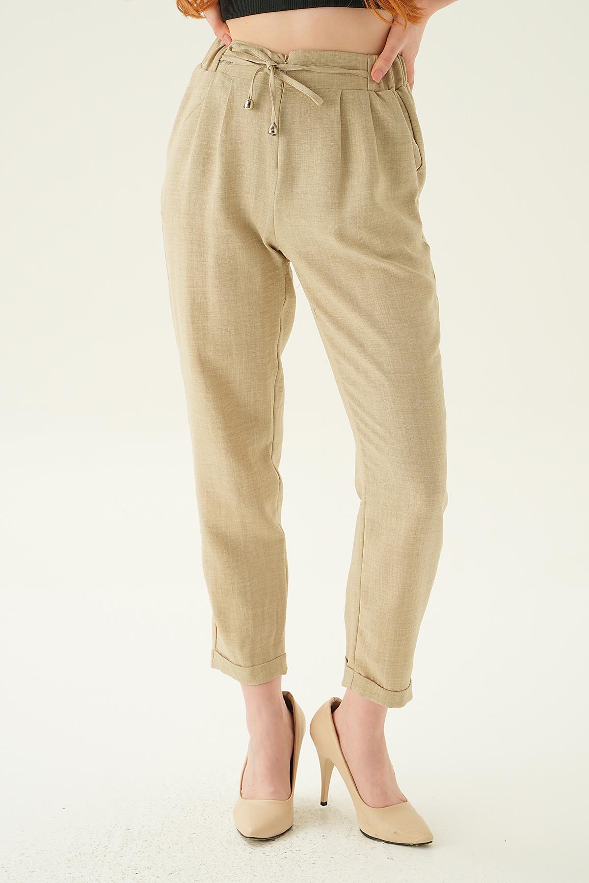 Bej Önü Fermuarlı Pantolon 6913A - 4