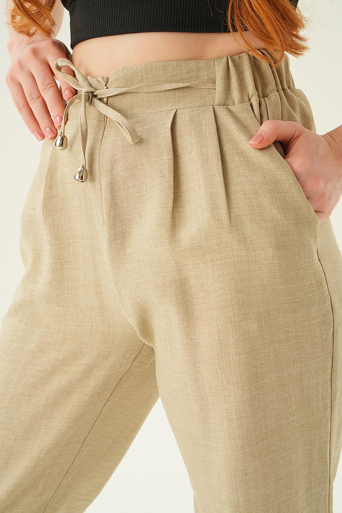 Bej Önü Fermuarlı Pantolon 6913A - 6