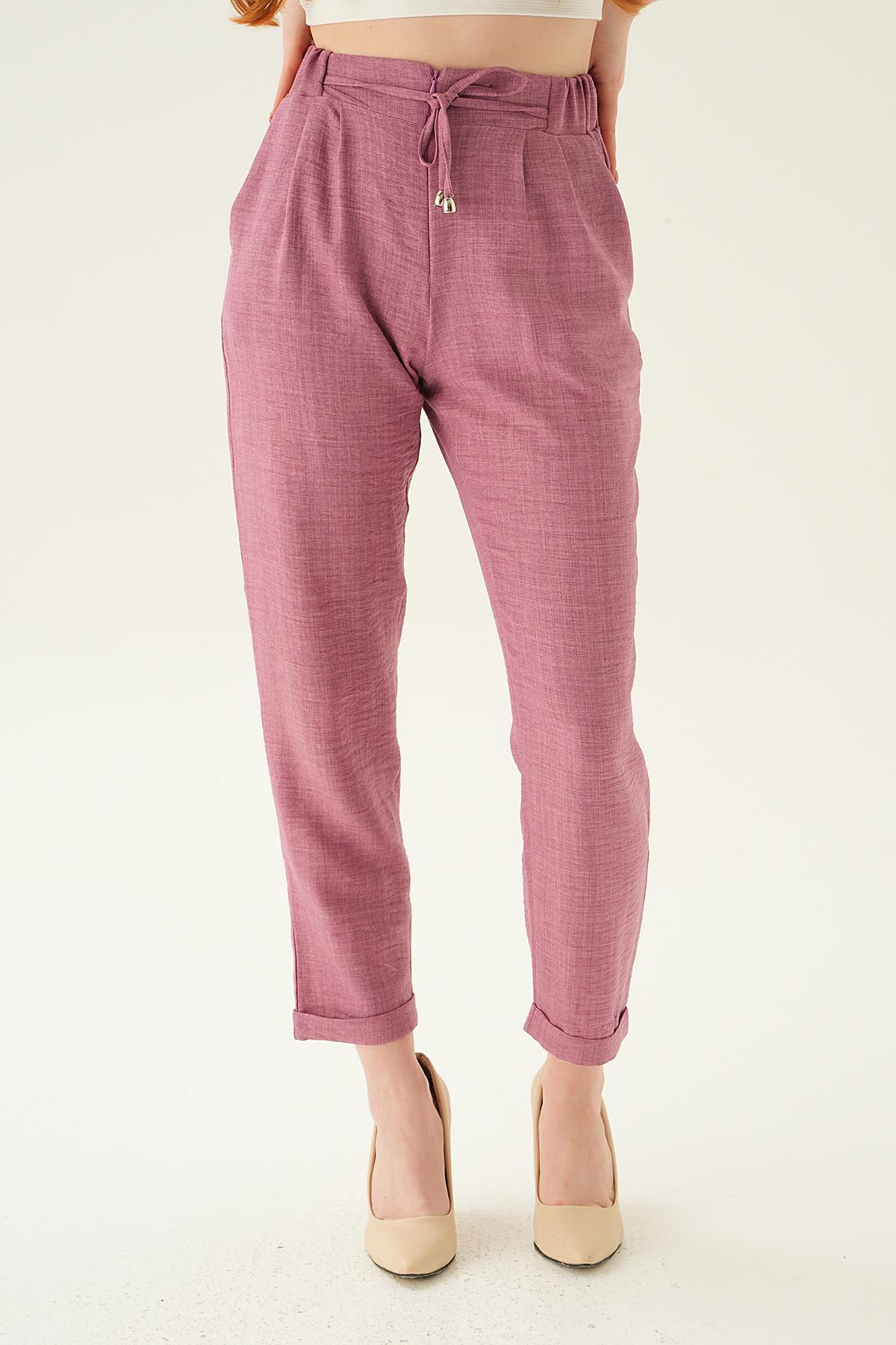 6913A Önü Fermuarlı Pantolon Gül - 1