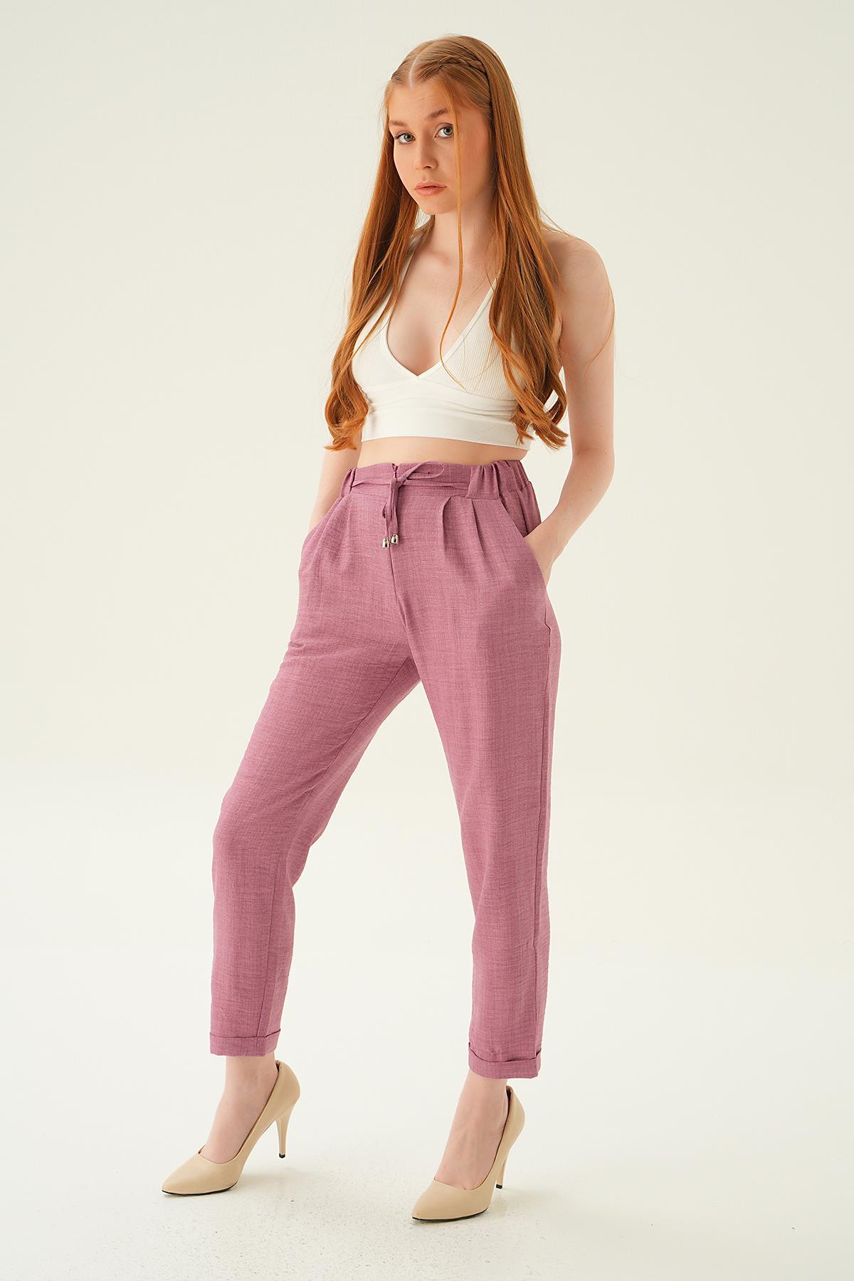 6913A Önü Fermuarlı Pantolon Gül - 2