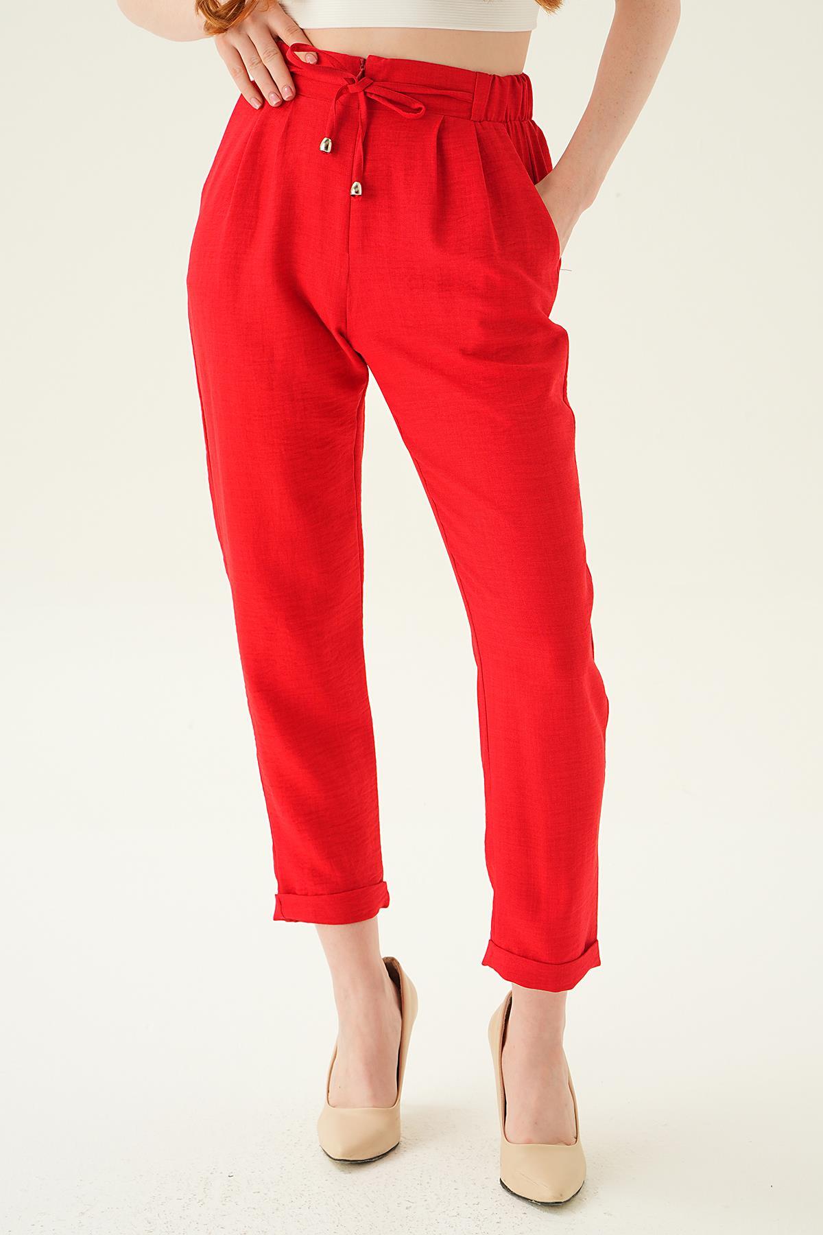 6913A Önü Fermuarlı Pantolon Kırmızı - 1