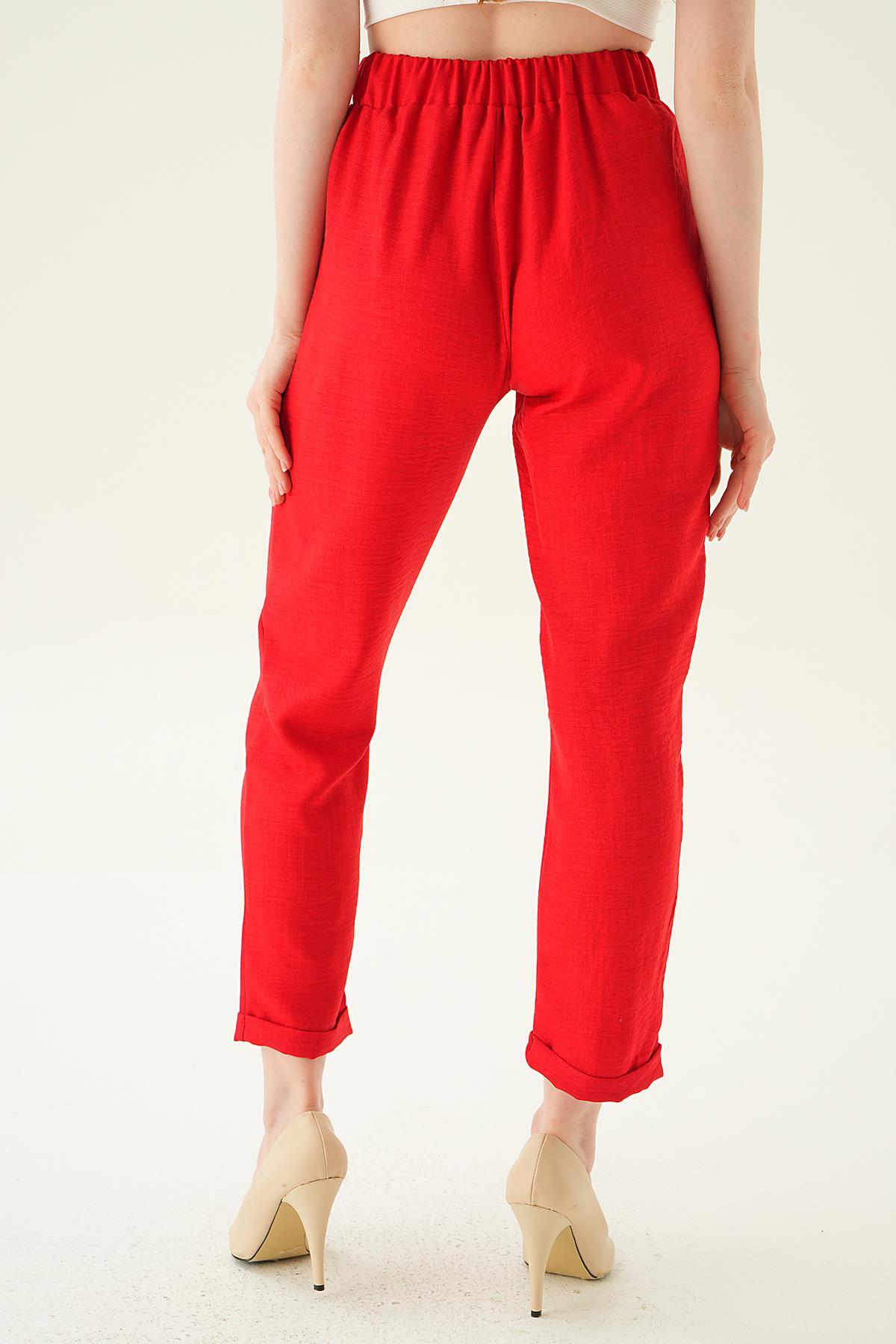 6913A Önü Fermuarlı Pantolon Kırmızı - 5
