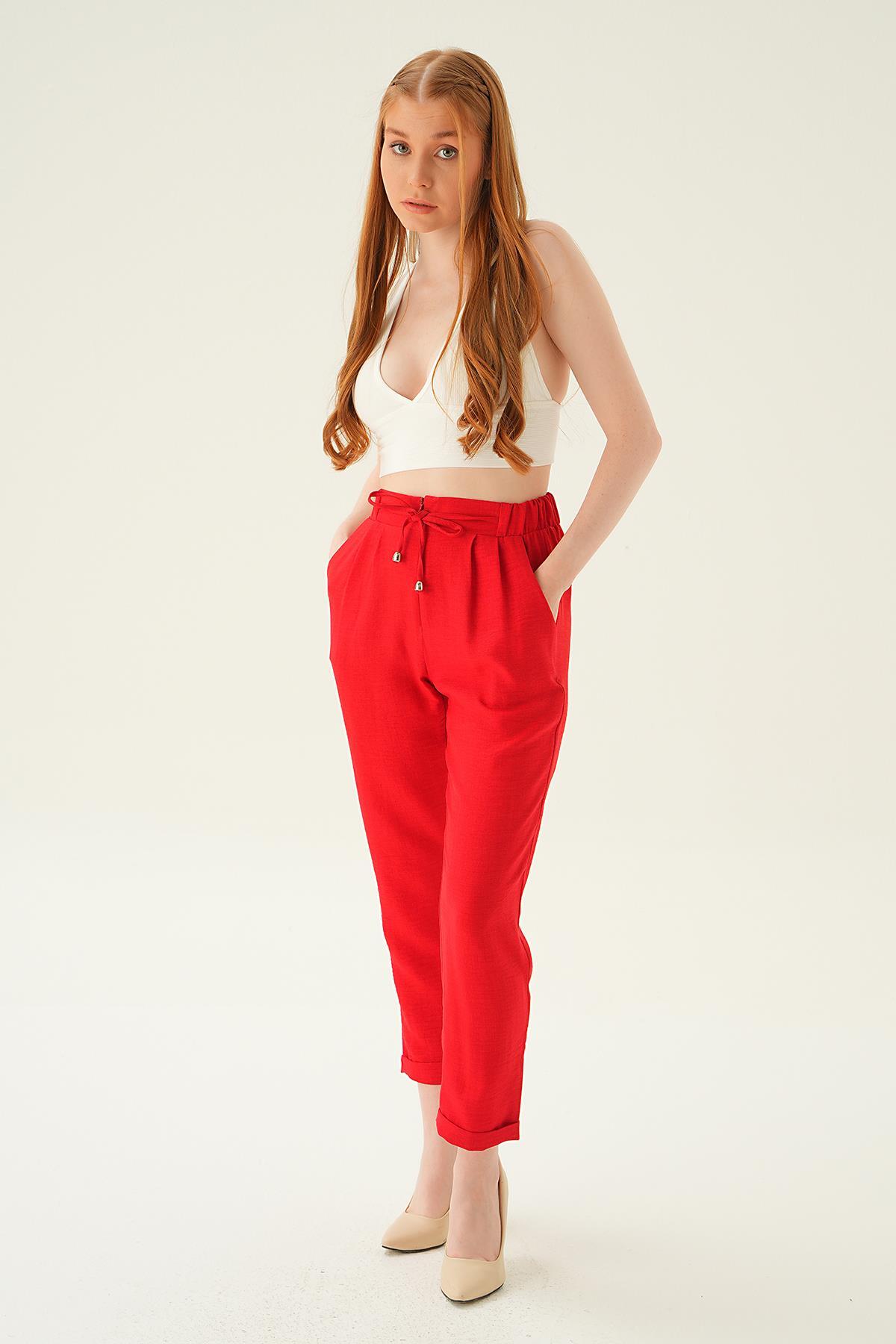 Kırmızı Önü Fermuarlı Pantolon 6913A - 2