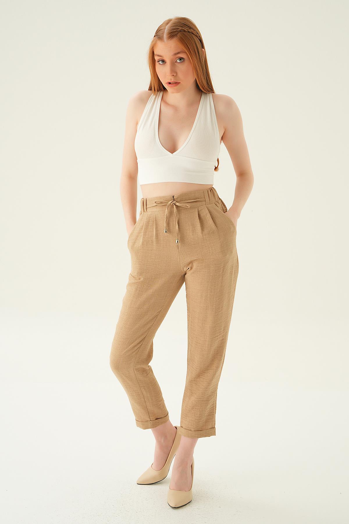 6913A Önü Fermuarlı Pantolon Vizon - 6