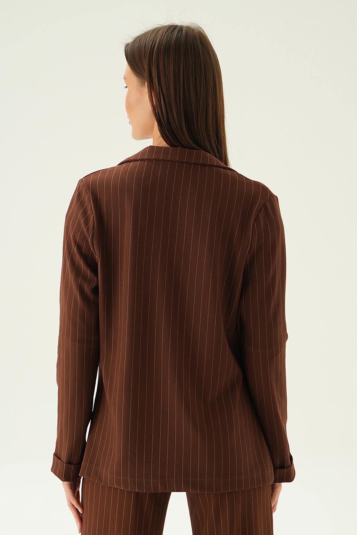 6914A Kol Katlamalı Çizgili Ceket Acı Kahve - 7