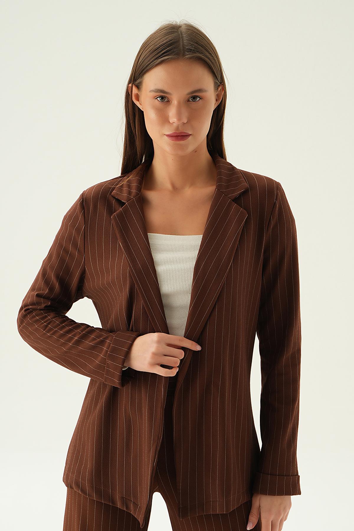 6914A Kol Katlamalı Çizgili Ceket Acı Kahve - 8