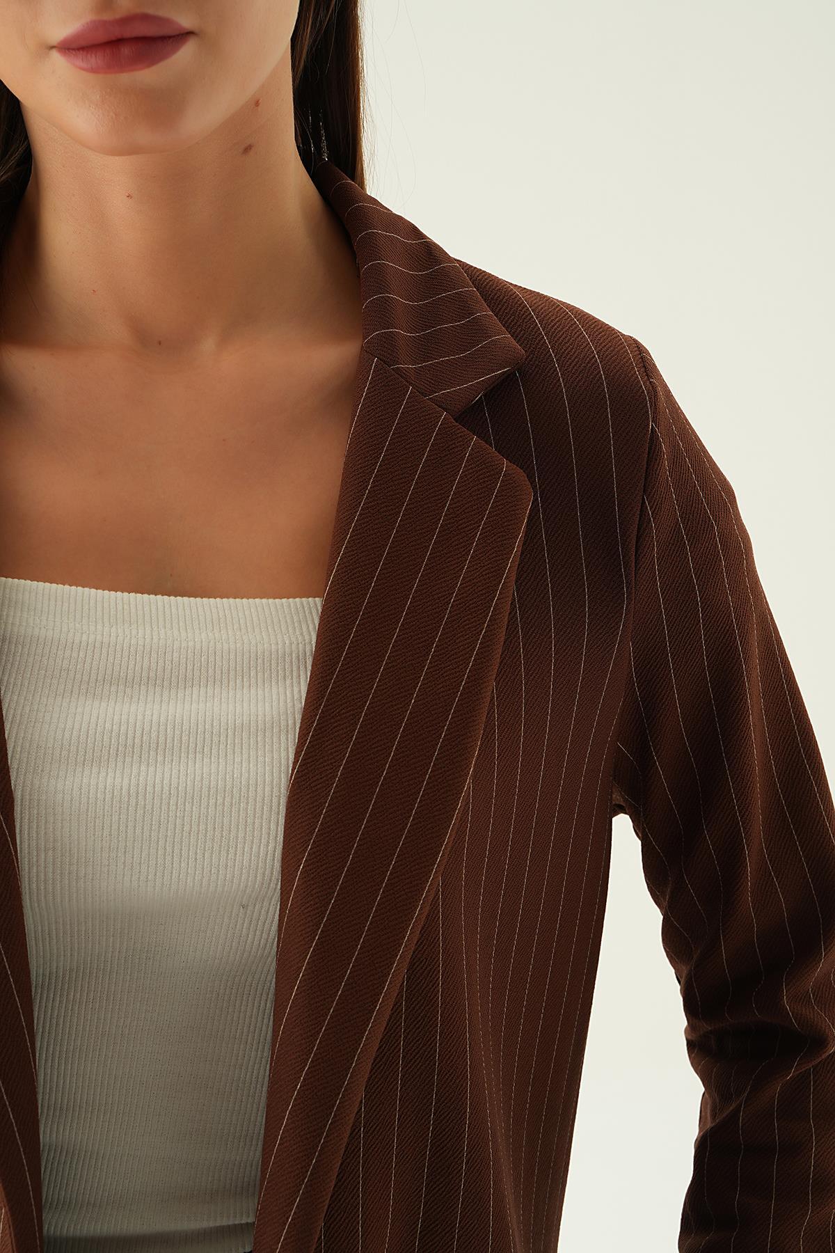 6914A Kol Katlamalı Çizgili Ceket Acı Kahve - 10