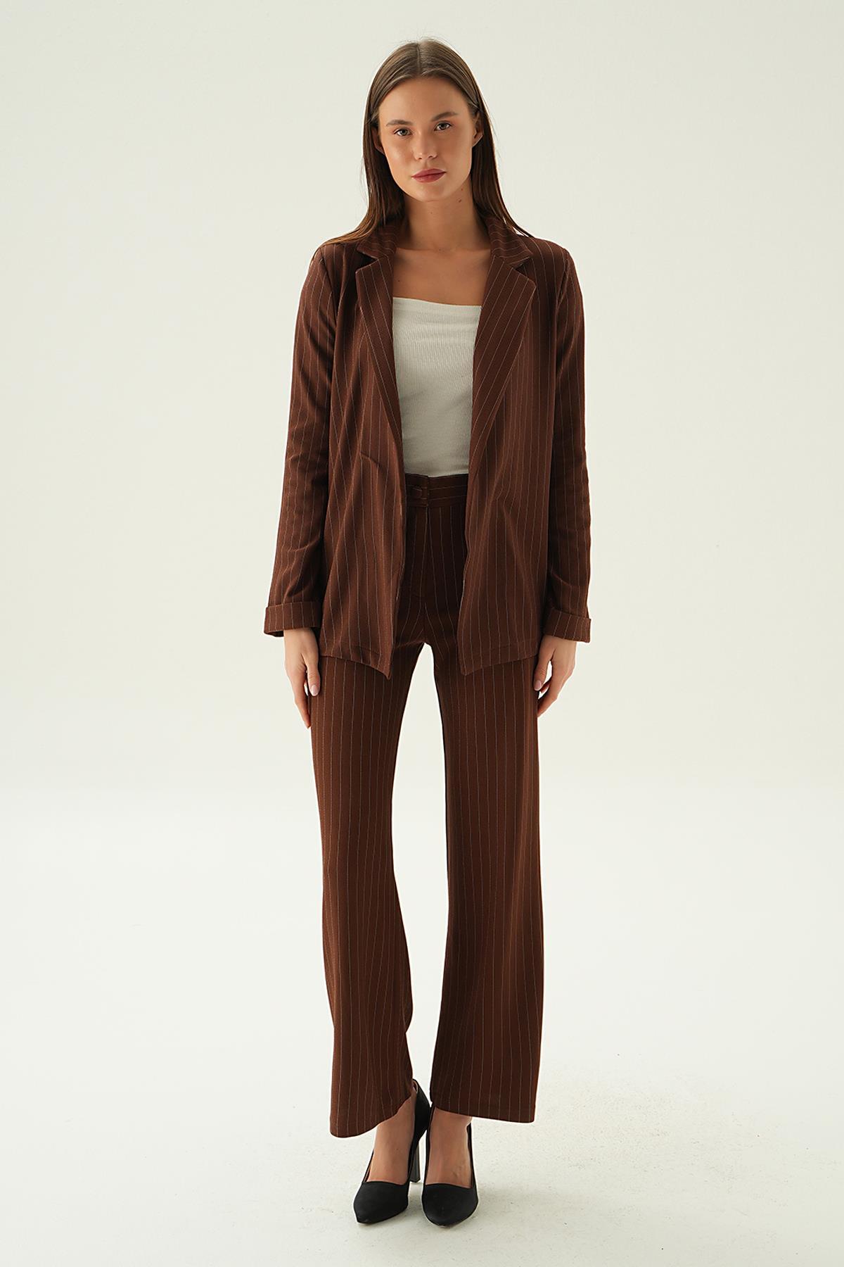 Acı Kahve Kol Katlamalı Çizgili Ceket 6914A - 5