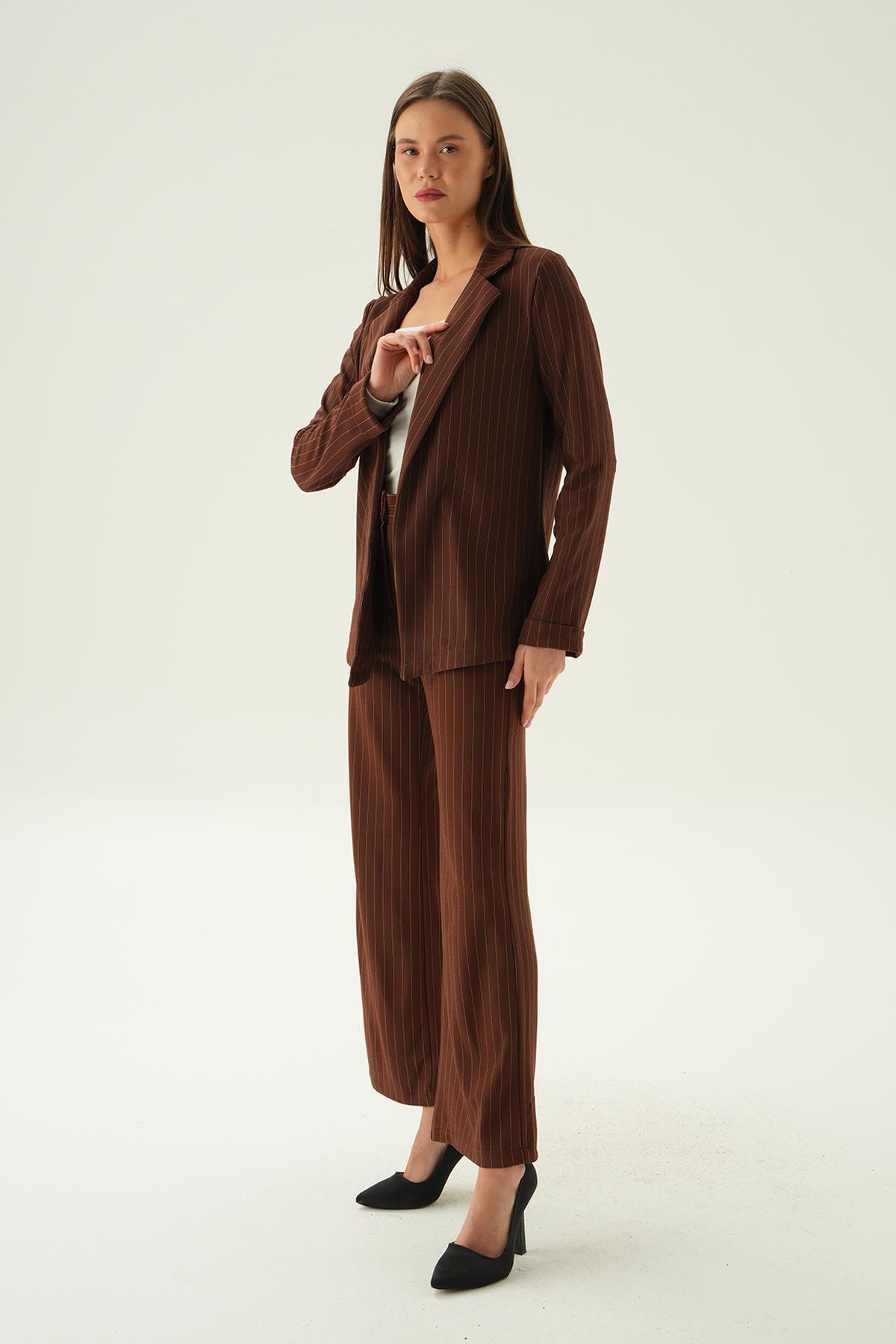 Acı Kahve Kol Katlamalı Çizgili Ceket 6914A - 6