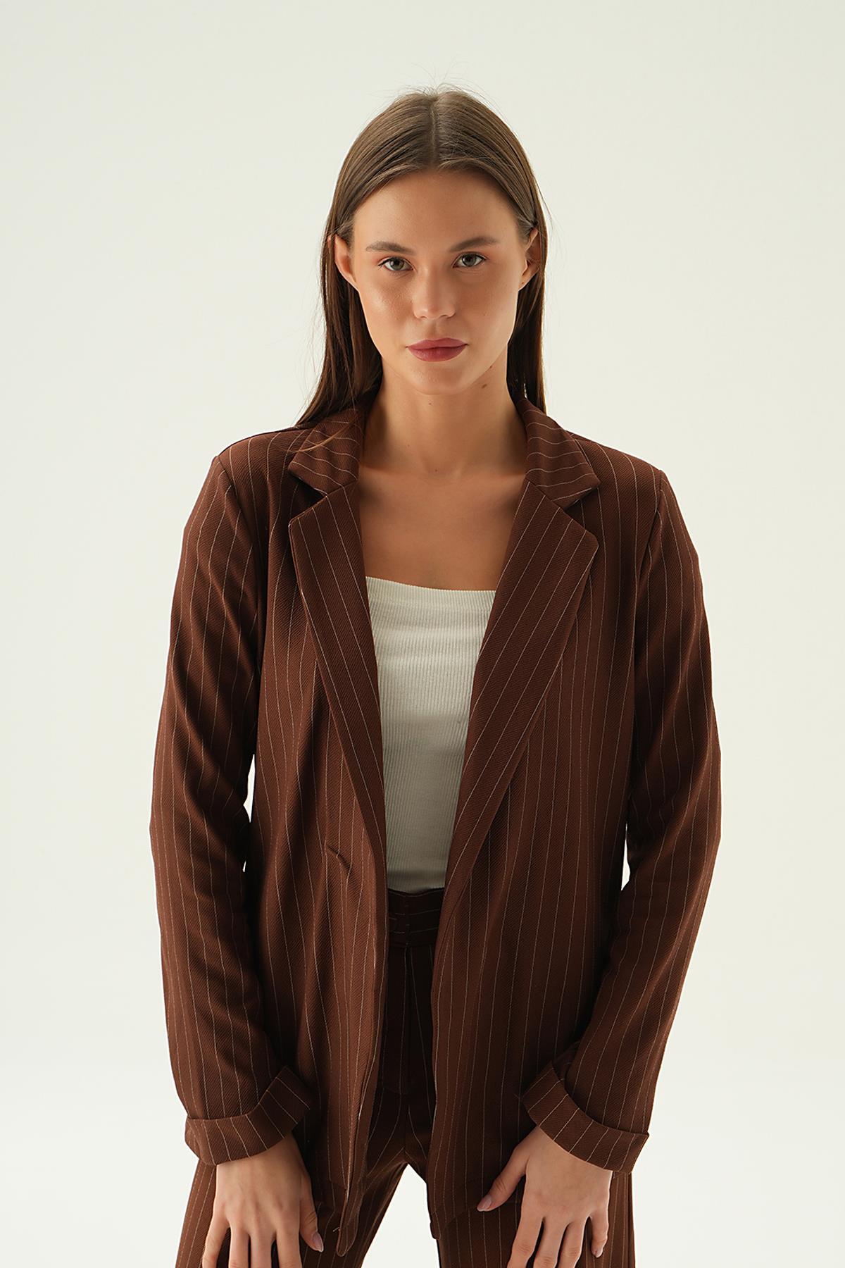 Acı Kahve Kol Katlamalı Çizgili Ceket 6914A - 9