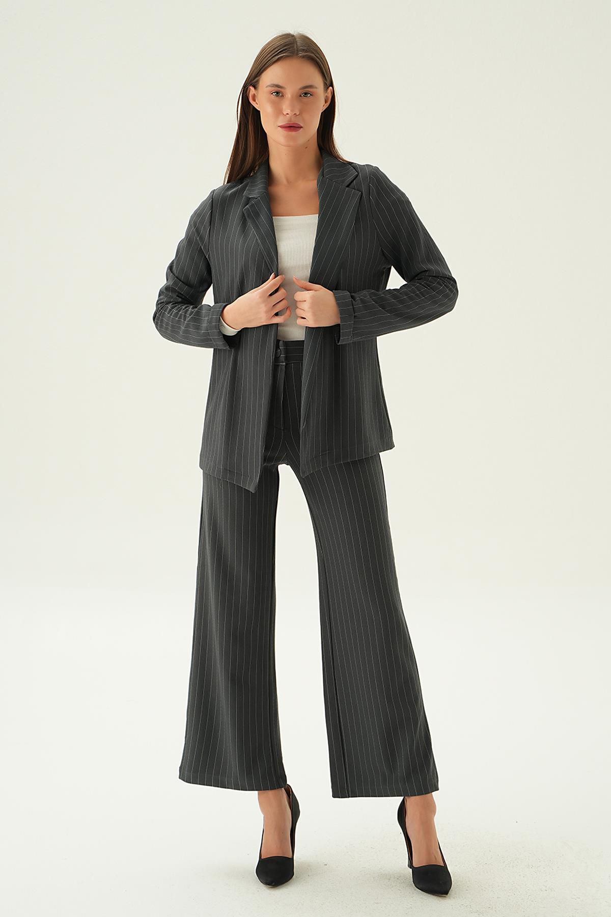 Füme Kol Katlamalı Çizgili Ceket 6914A 