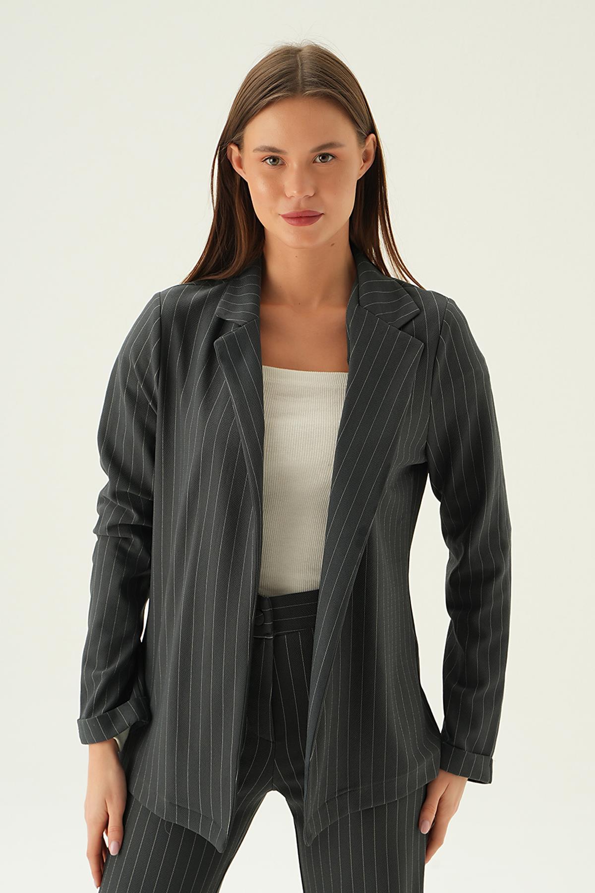 Füme Kol Katlamalı Çizgili Ceket 6914A - 2