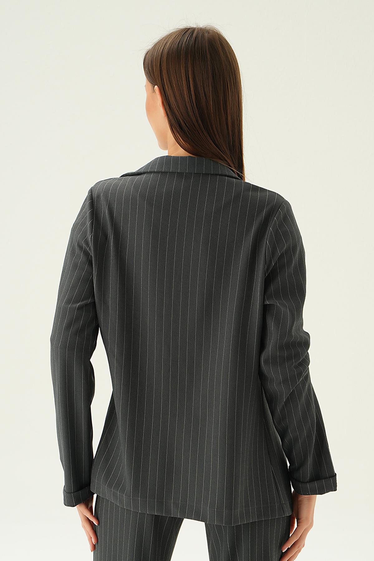 Füme Kol Katlamalı Çizgili Ceket 6914A - 3
