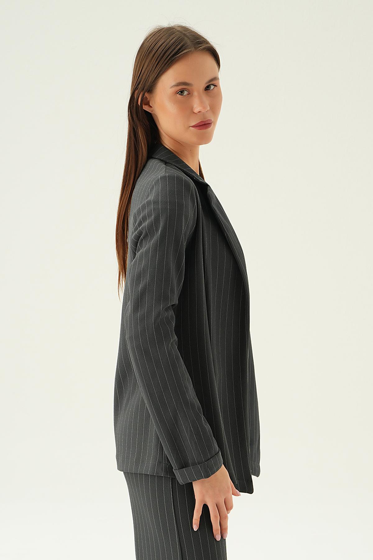 Füme Kol Katlamalı Çizgili Ceket 6914A - 4