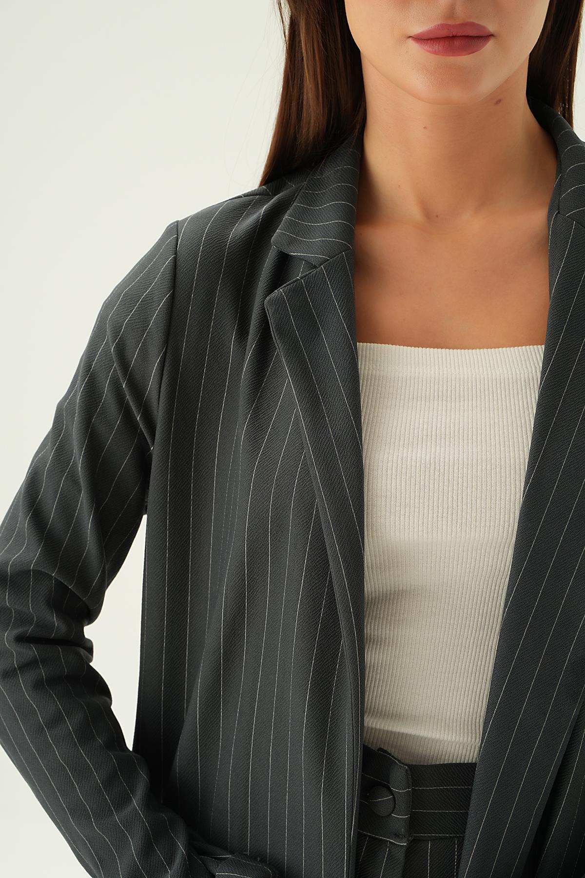 Füme Kol Katlamalı Çizgili Ceket 6914A - 5