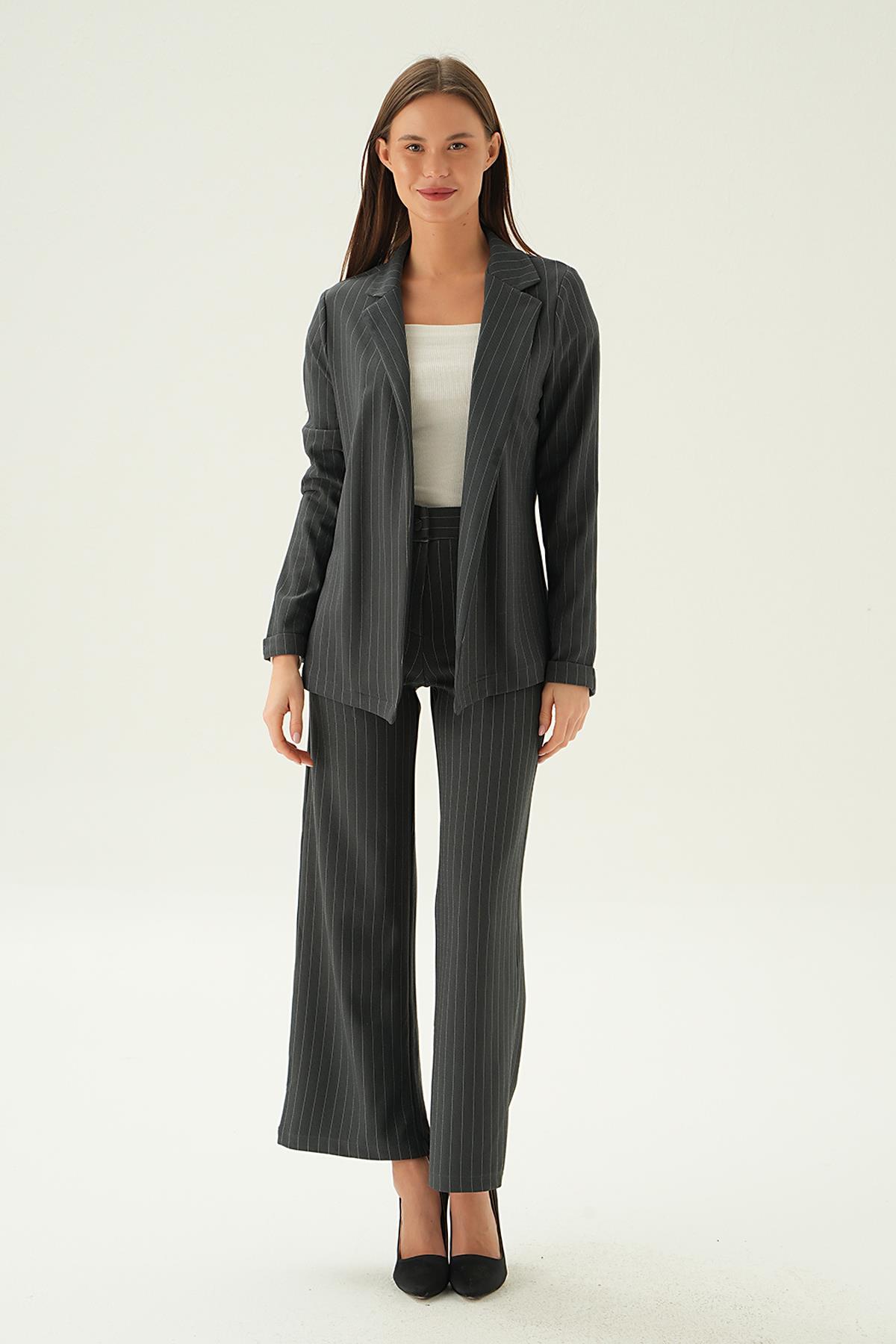 Füme Kol Katlamalı Çizgili Ceket 6914A - 6
