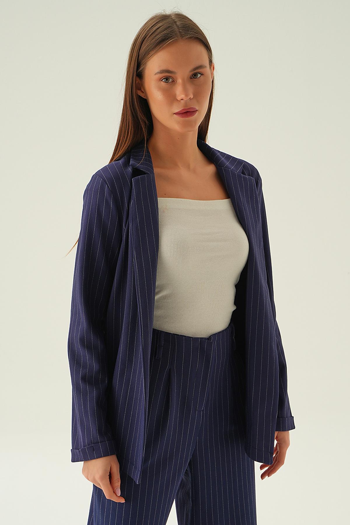 Laci Kol Katlamalı Çizgili Ceket 6914A - 1
