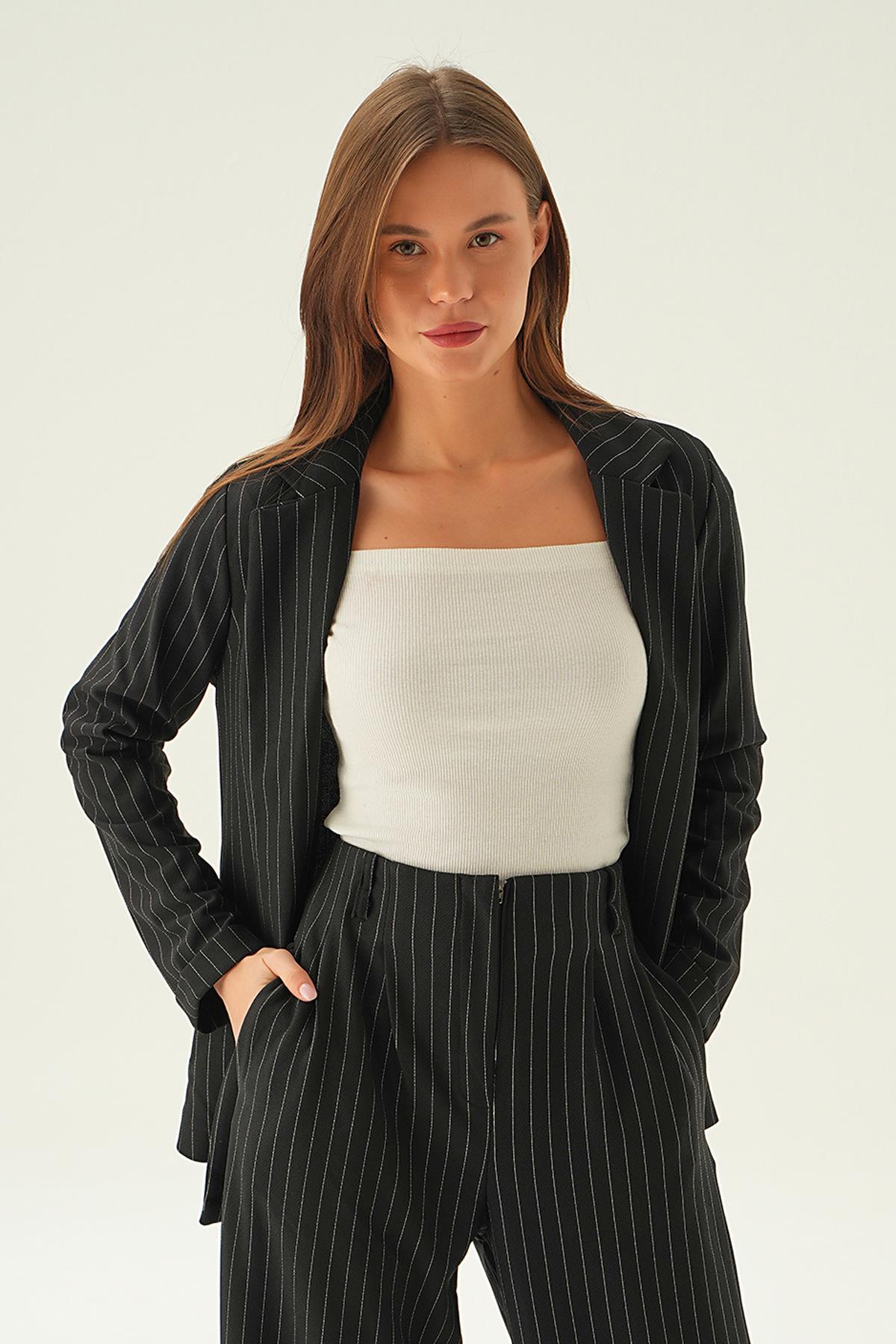 6914A Kol Katlamalı Çizgili Ceket Siyah - 5