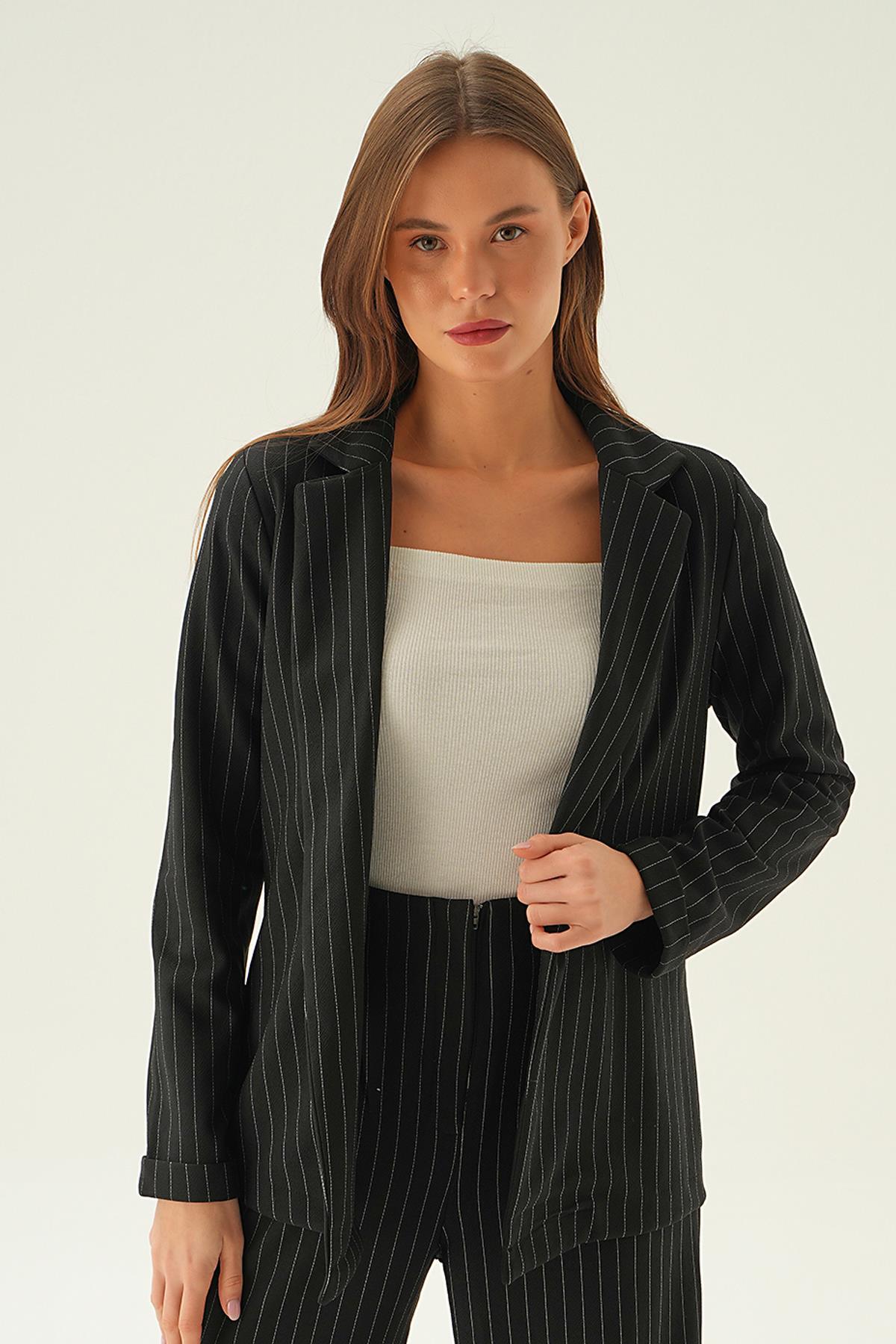 Siyah Kol Katlamalı Çizgili Ceket 6914A - 4