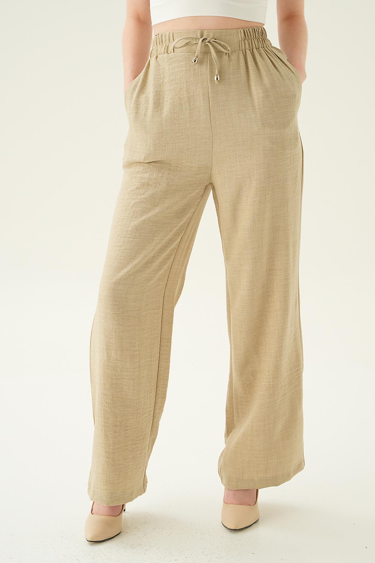 6917A Bağcıklı Geniş Pantolon Bej - 4