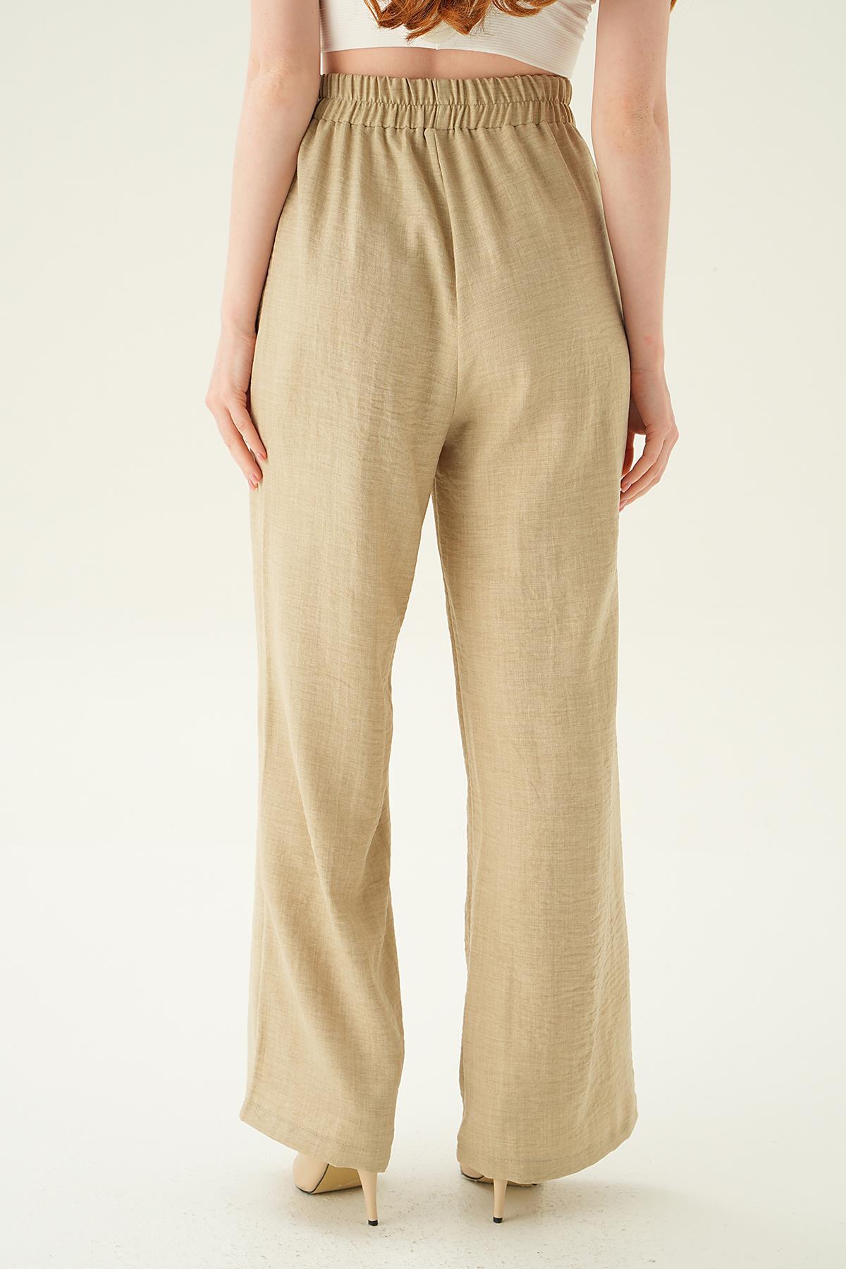 6917A Bağcıklı Geniş Pantolon Bej - 5