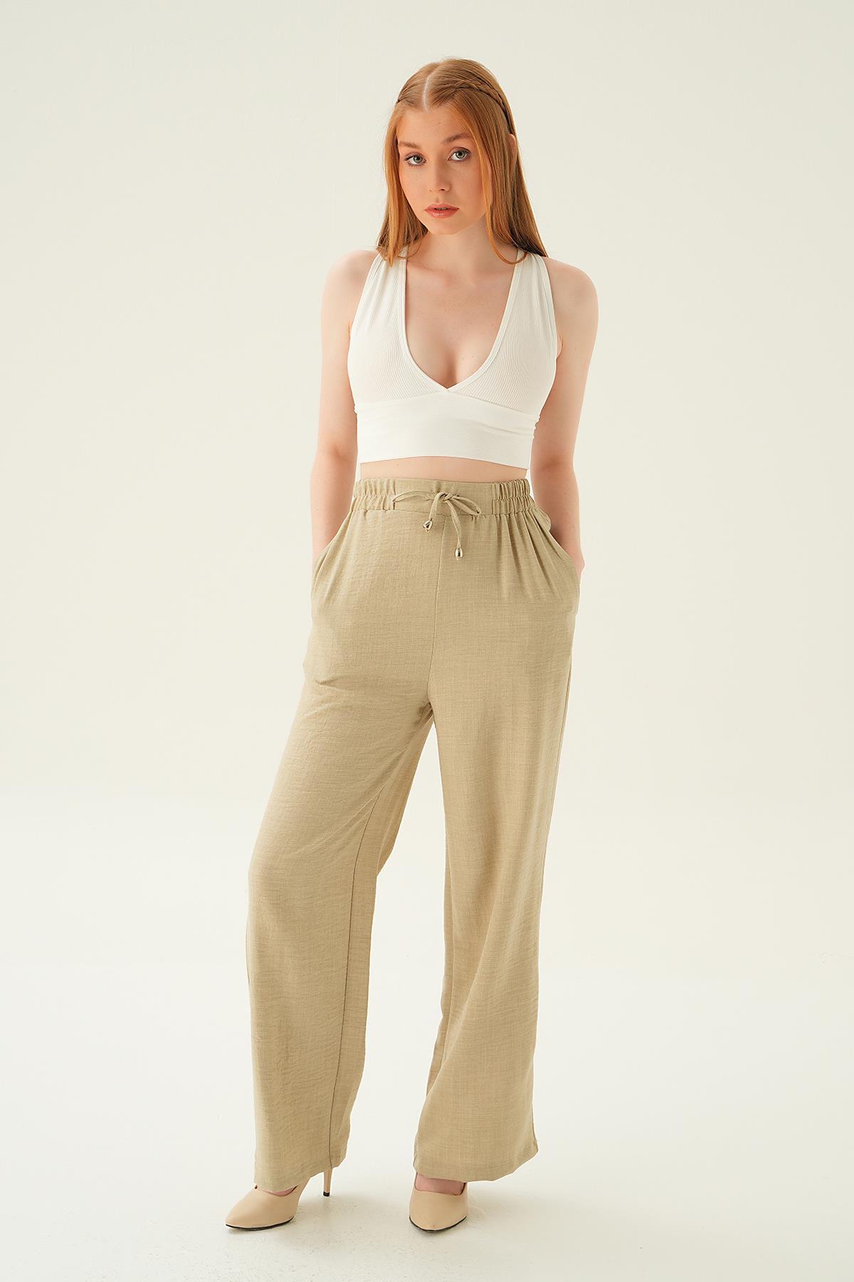 Bej Bağcıklı Geniş Pantolon 6917A - 1