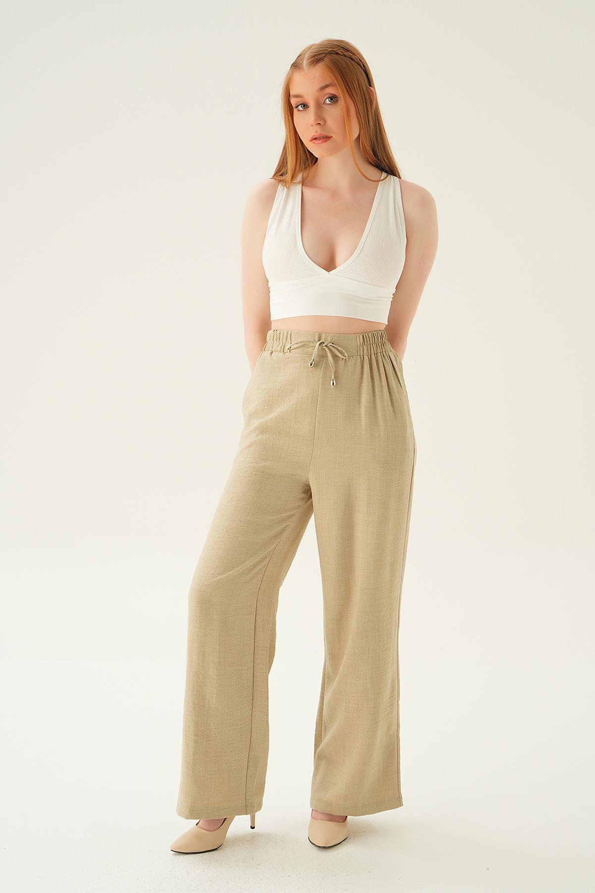 Bej Bağcıklı Geniş Pantolon 6917A - 2