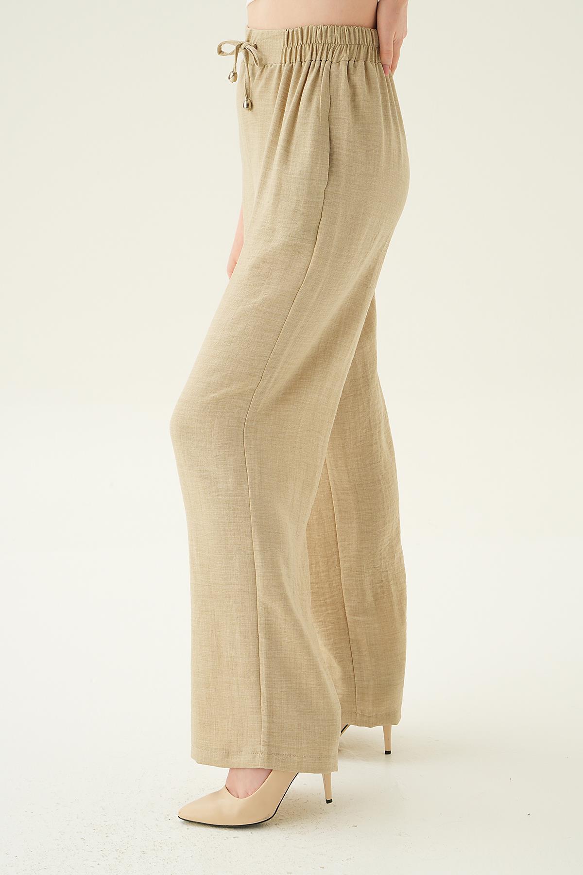 Bej Bağcıklı Geniş Pantolon 6917A - 3