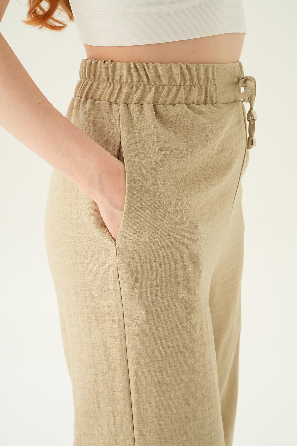 Bej Bağcıklı Geniş Pantolon 6917A - 6