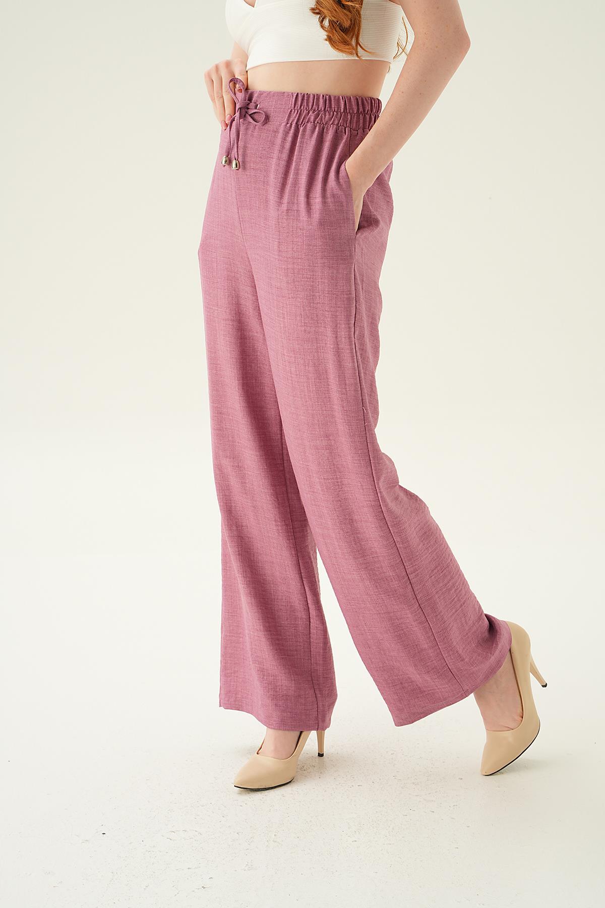 6917A Bağcıklı Geniş Pantolon Gül 