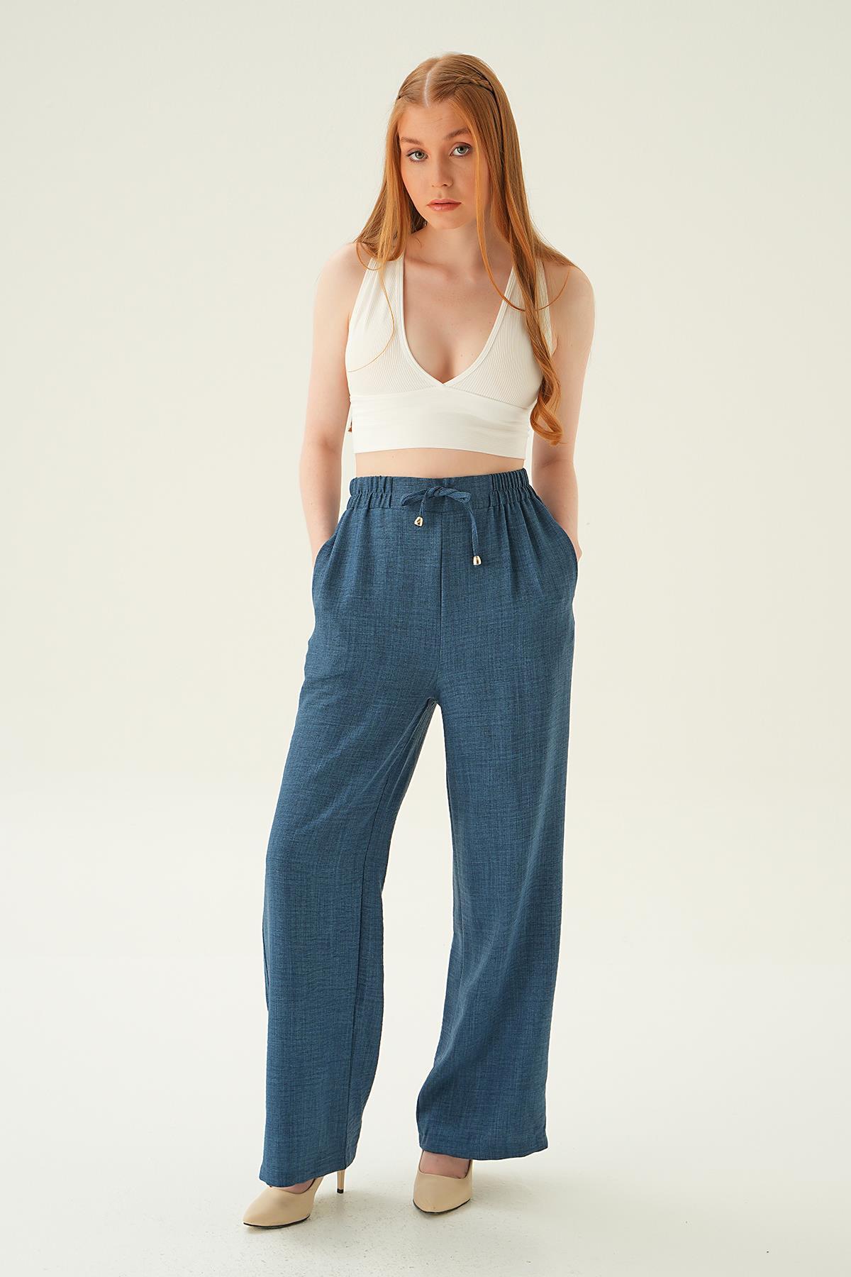 6917A Bağcıklı Geniş Pantolon İndigo 