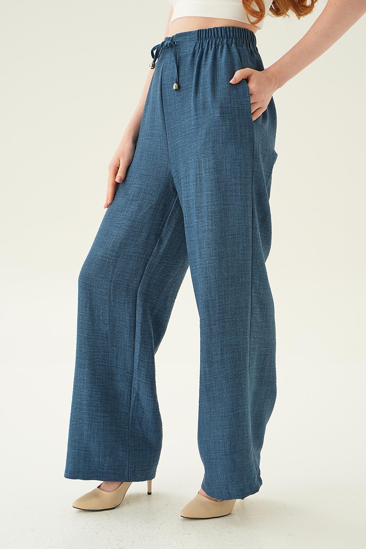 İndigo Bağcıklı Geniş Pantolon 6917A - 2